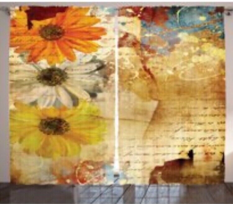 Ambesonne Flowers & Lettering Poetry Orange Yellow Grunge Art w/Graphics 2 panel
