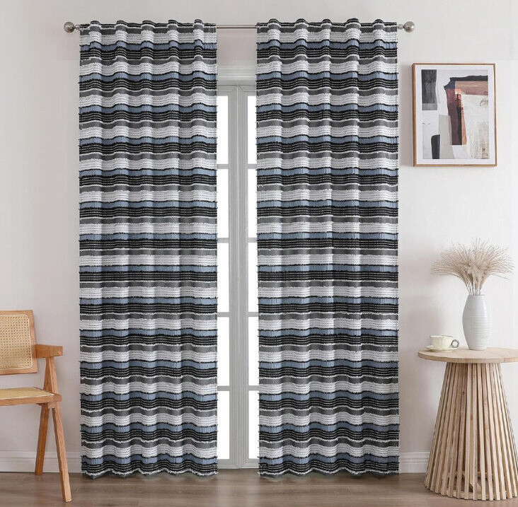 Ovzme Una Boho Striped Textured Light Filtering Window Curtains 84″x42″ 2 Panels
