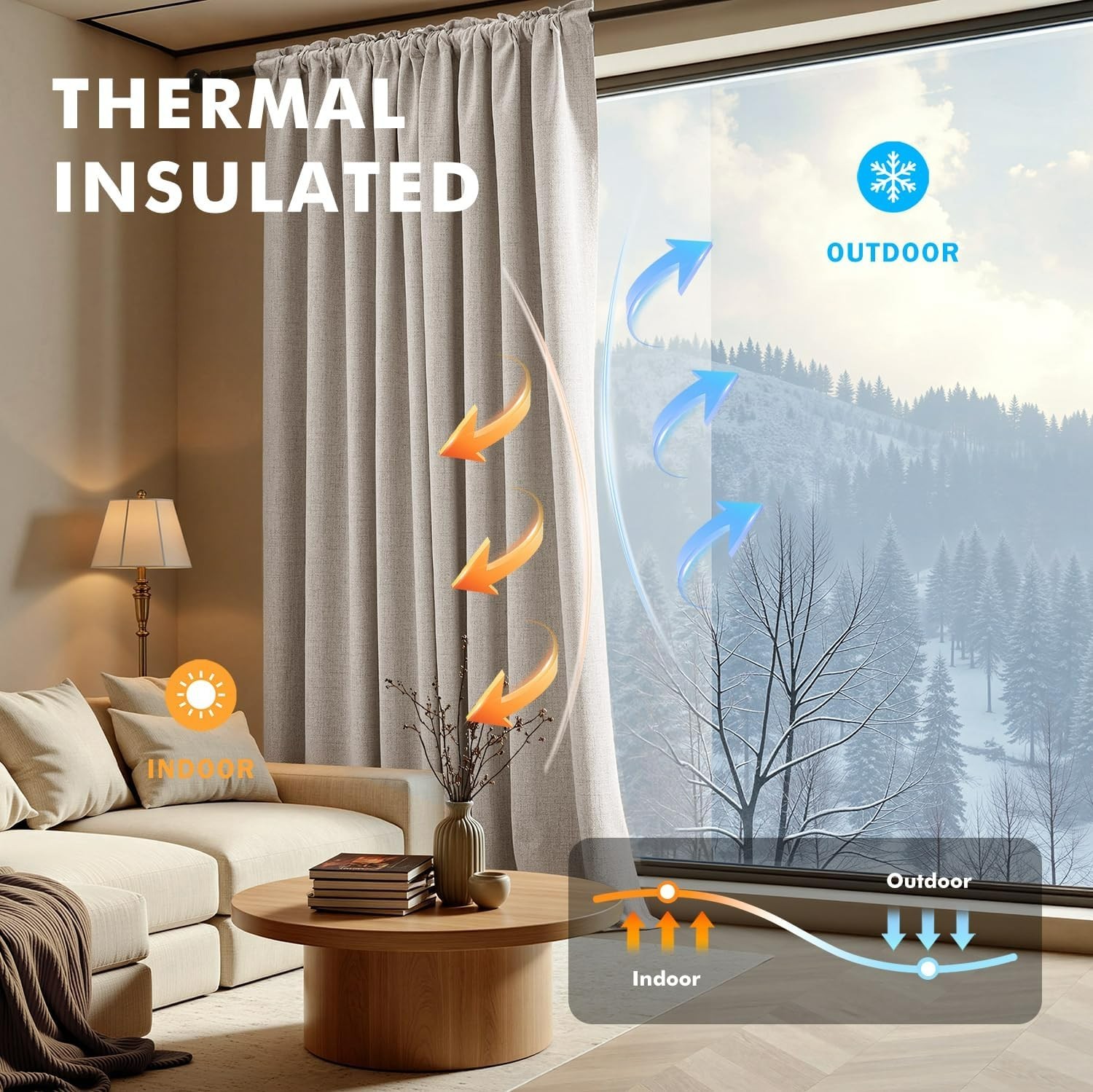 100% Blackout Linen Curtains Thermal Insulated Grommet 2 Panels Set 50″ x 96″