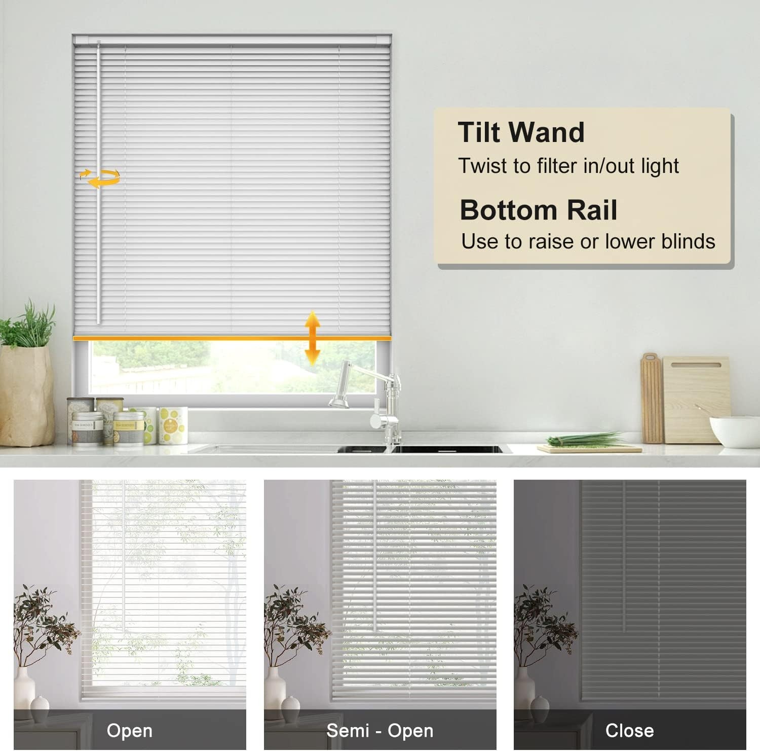 LazBlinds No Tools No Drill Cordless 1″ Vinyl Mini Blinds 28″ W x 64″ H White
