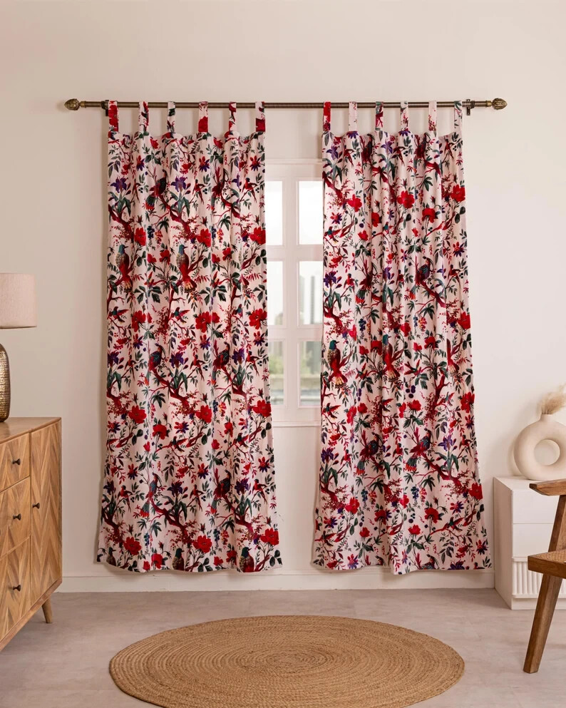 Peach Color Bird Print Velvet Curtain,Boho Curtain, luxury Drapes Window Curtain