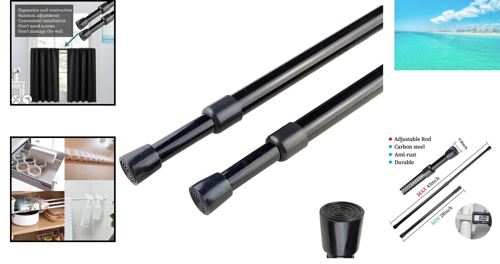 Black Adjustable Curtain Tension Rods 28-43in – Easy No-Drill Install