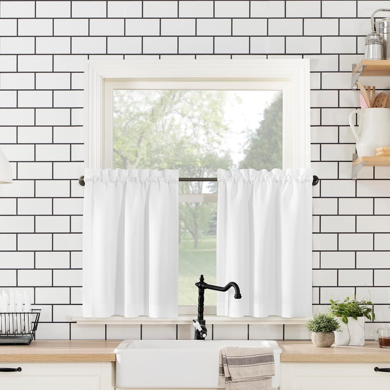 Martine Semi-Sheer Microfiber Kitchen Curtain Set, 54” x 36”, White Elegance