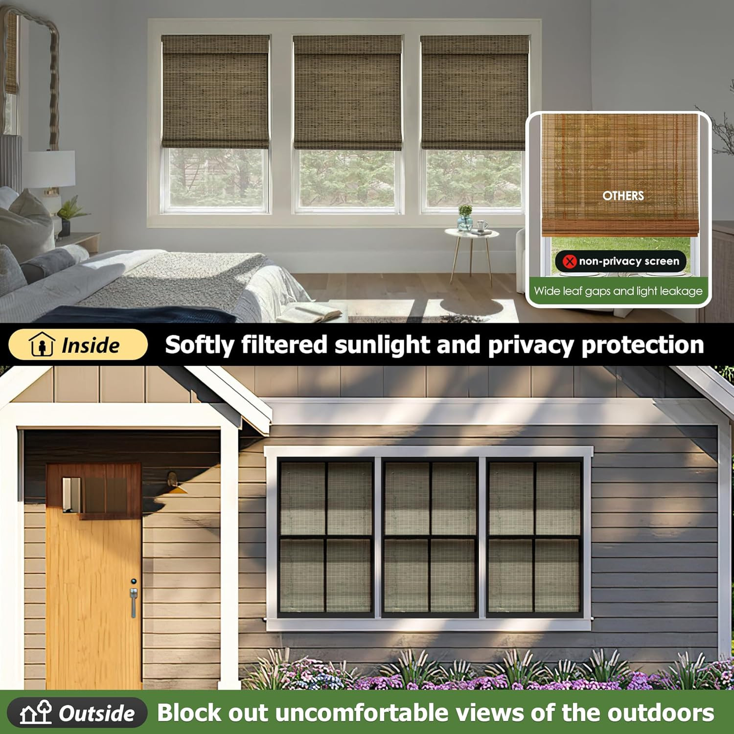 Cordless Bamboo Roman Shades, 29.5X64, Bdp-Driftwood | Privacy Blinds