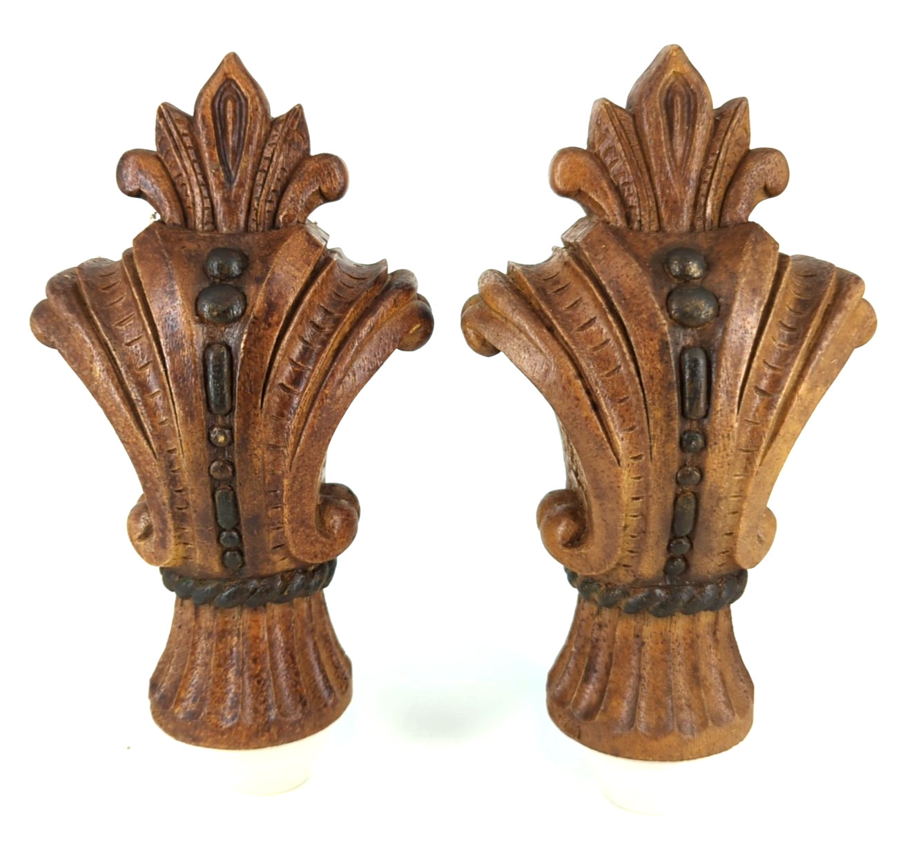 Ornate Heavy Faux carved Wood Finials for 2″ curtain rod Fancy Large 8″ long