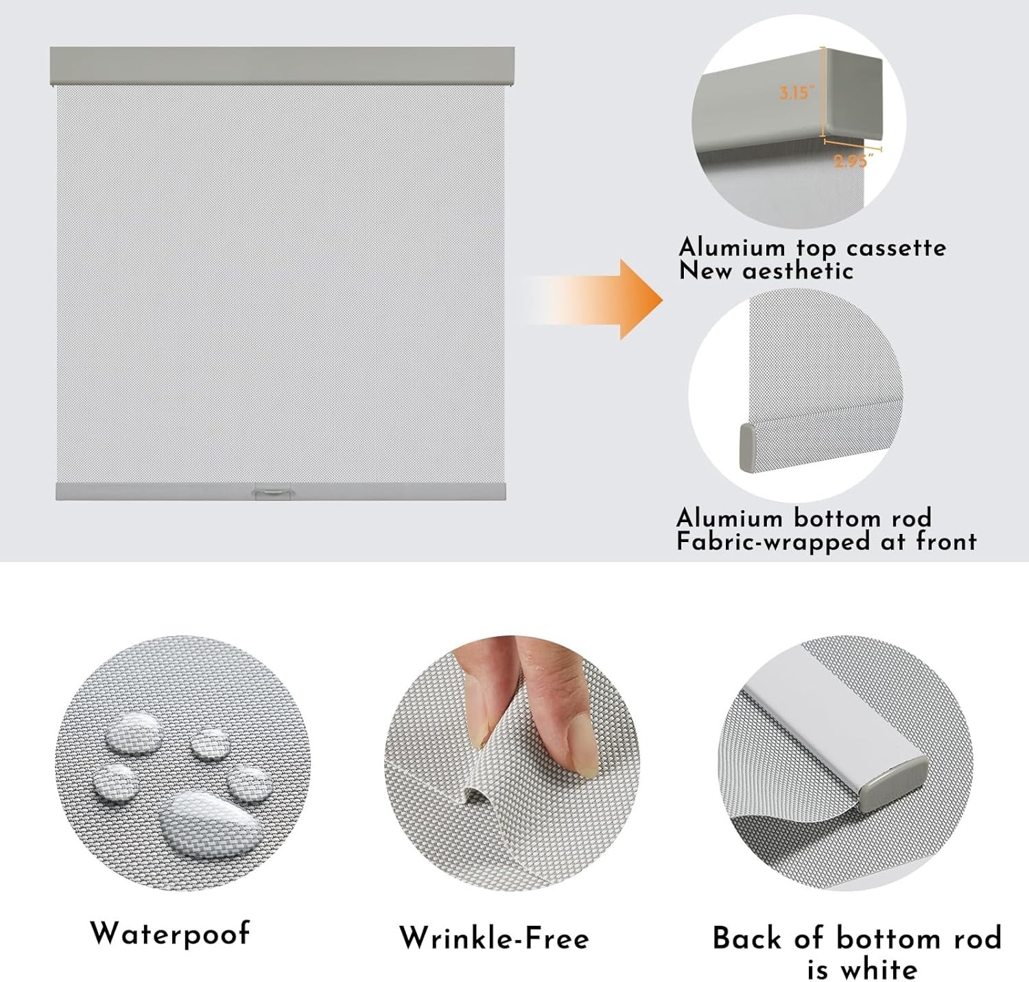 Gray 5% Solar Roller Shade UV Blocking Cordless Window Blind Light Filtering