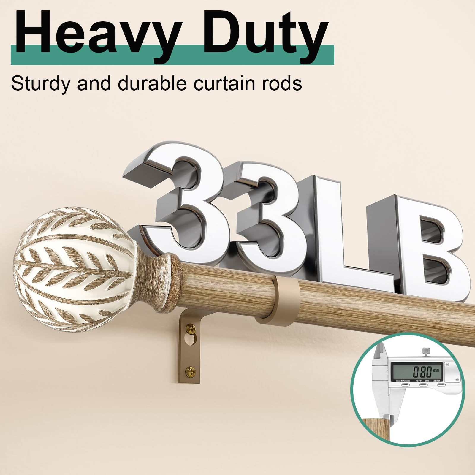 Boho Wood Curtain Rods for Windows 48 to 84 inch,1″ Adjustable Heavy Duty Win…