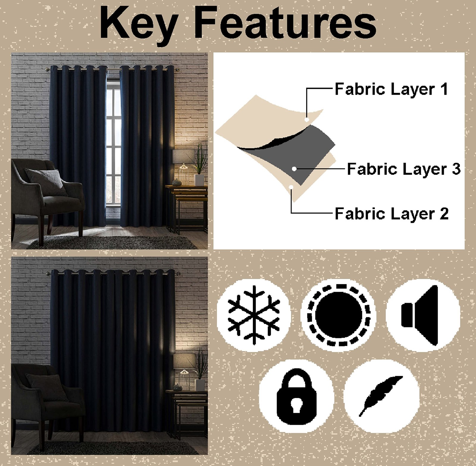 Cabal 2 Piece Polyester Eyelets (Steel) Blackout Curtains with Tie Back, Bedr…