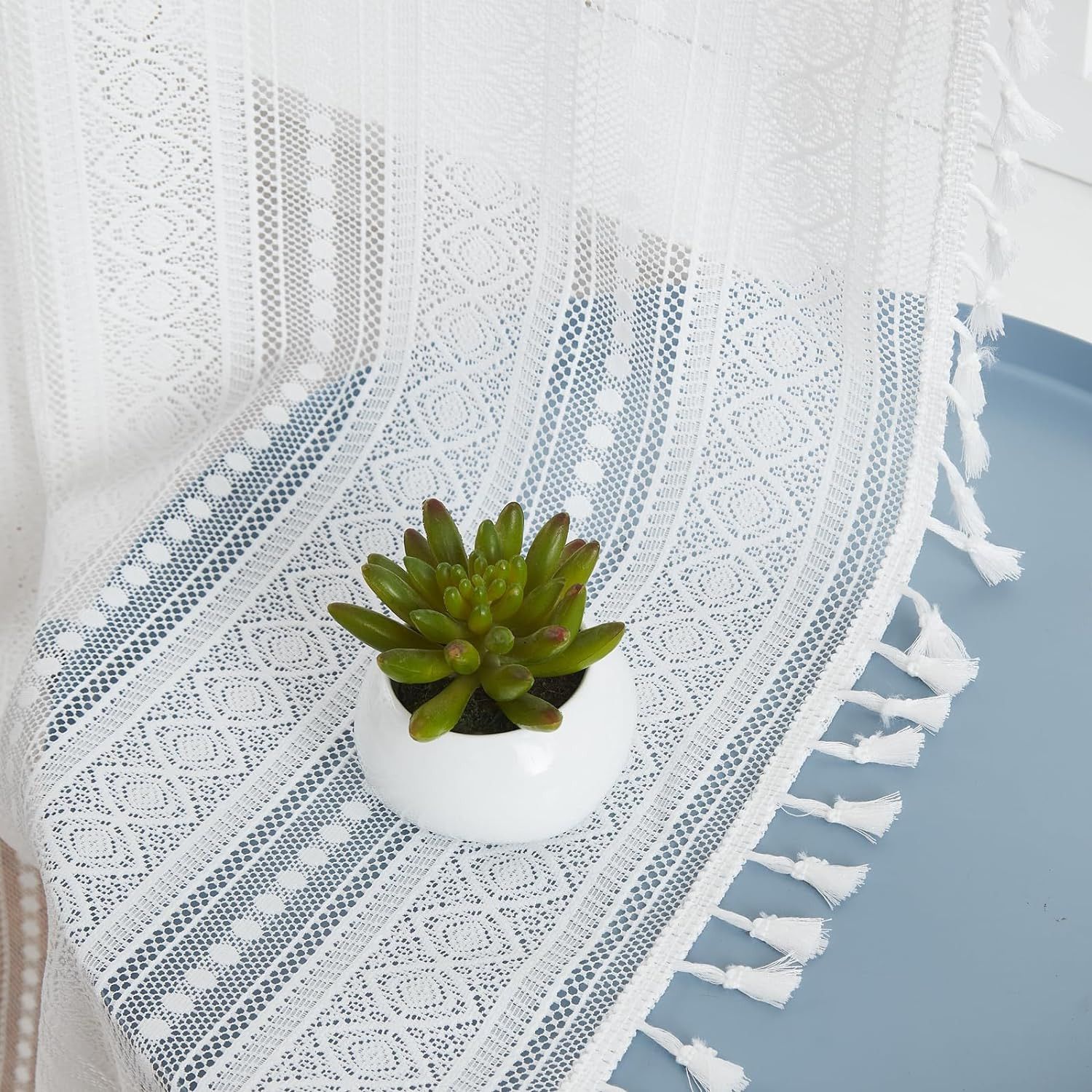 White Boho Lace Tassels Curtains Bedroom Living Room Linen Textured Chic Crochet
