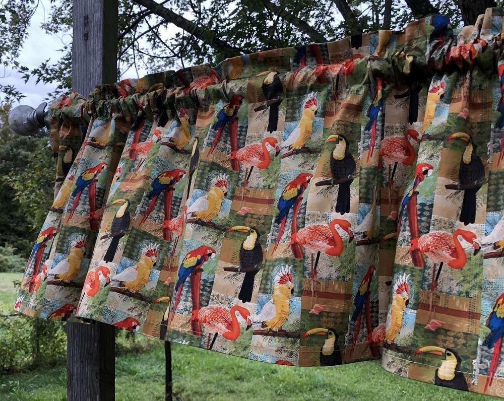 Tropical Birds Valance Jungle Patch Toucan Parrot Cockatiel Flamingo Curtain