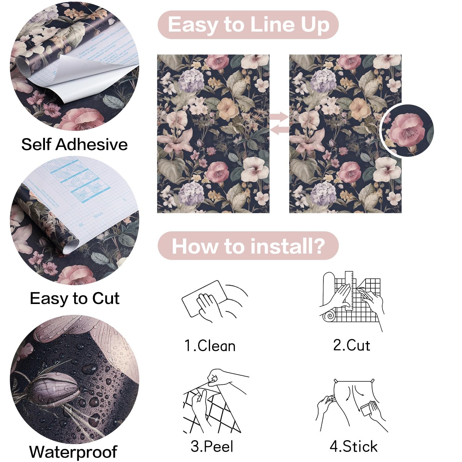 Vintage Floral Peel and Stick Wallpaper Contact Paper 16.9″ x 118.1″ Dark