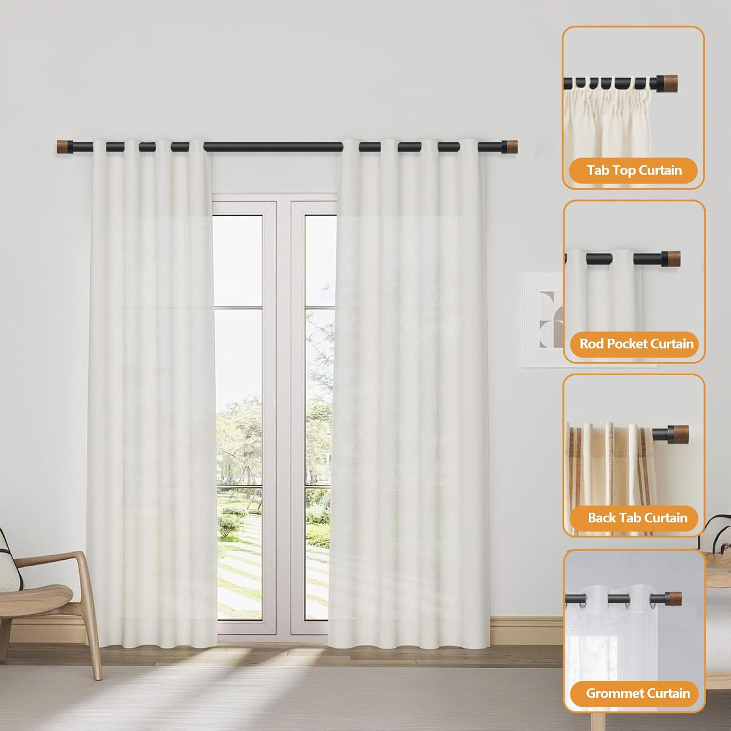 Wood Curtain Rods for Windows 48 to 84 Inches(4-7Ft),1 Inch Adjustable Window Cu