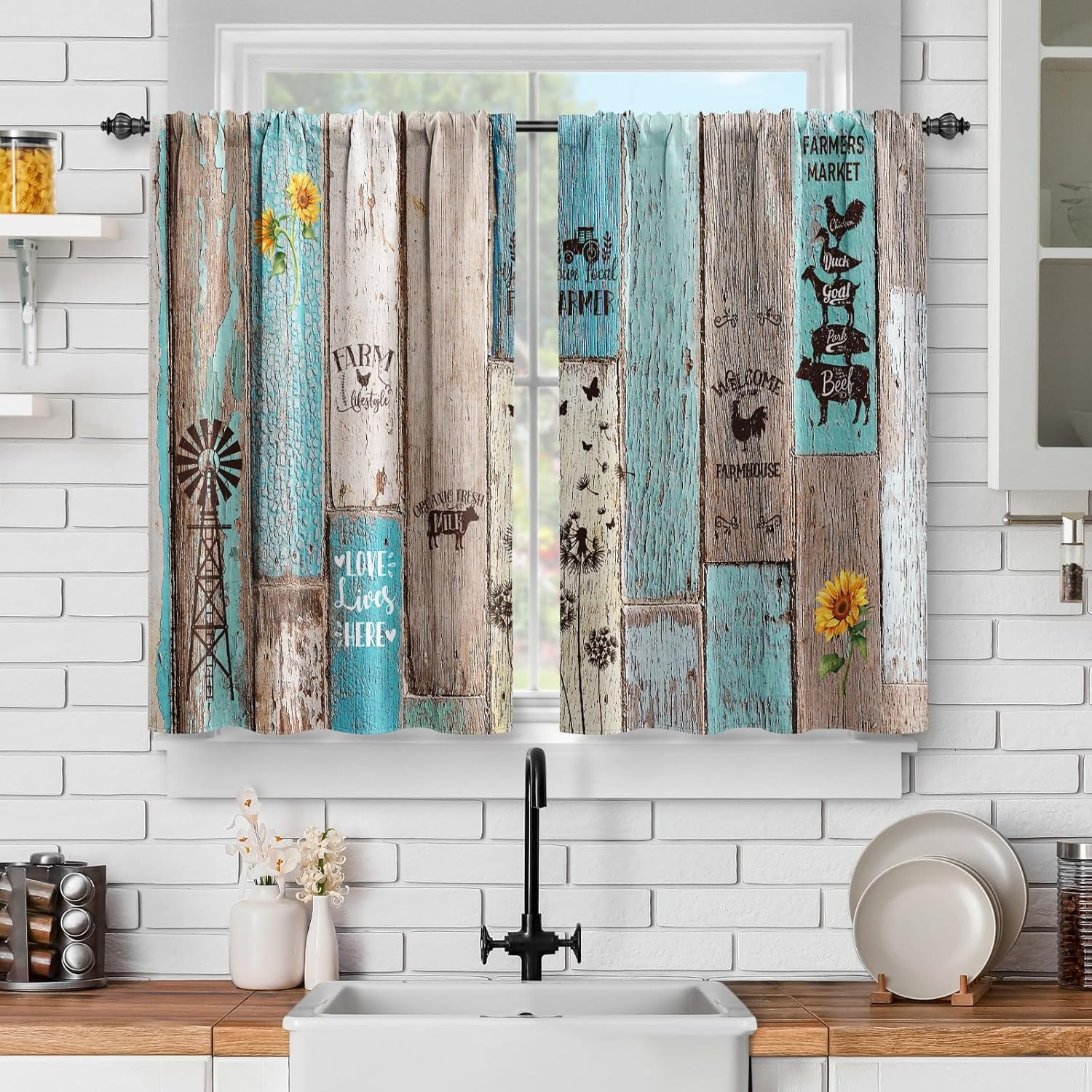 Wooden Barn Door Kitchen Curtains Farmhouse Vintage Plank Striped Short Cafe Dec
