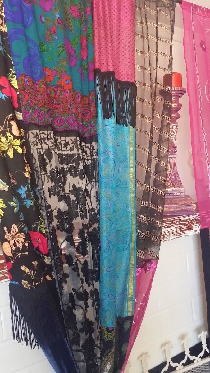 2 Pcs Indian Sari Patchwork Curtain Drape Window Decor Multi Silk Sari Curtain