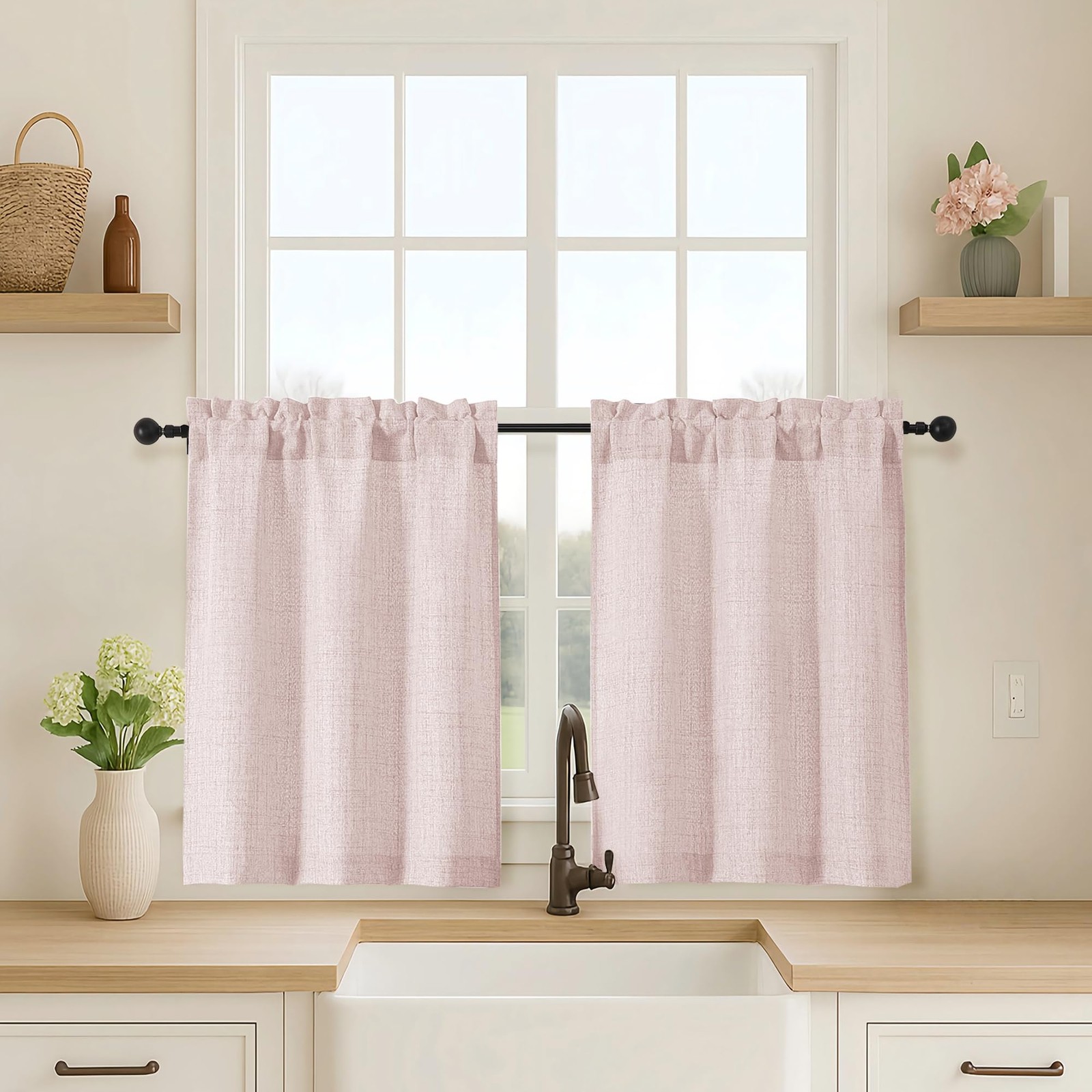 Blush Pink Cafe Curtains 30 Inch, Light Filtering Faux Linen Short Window Drapes