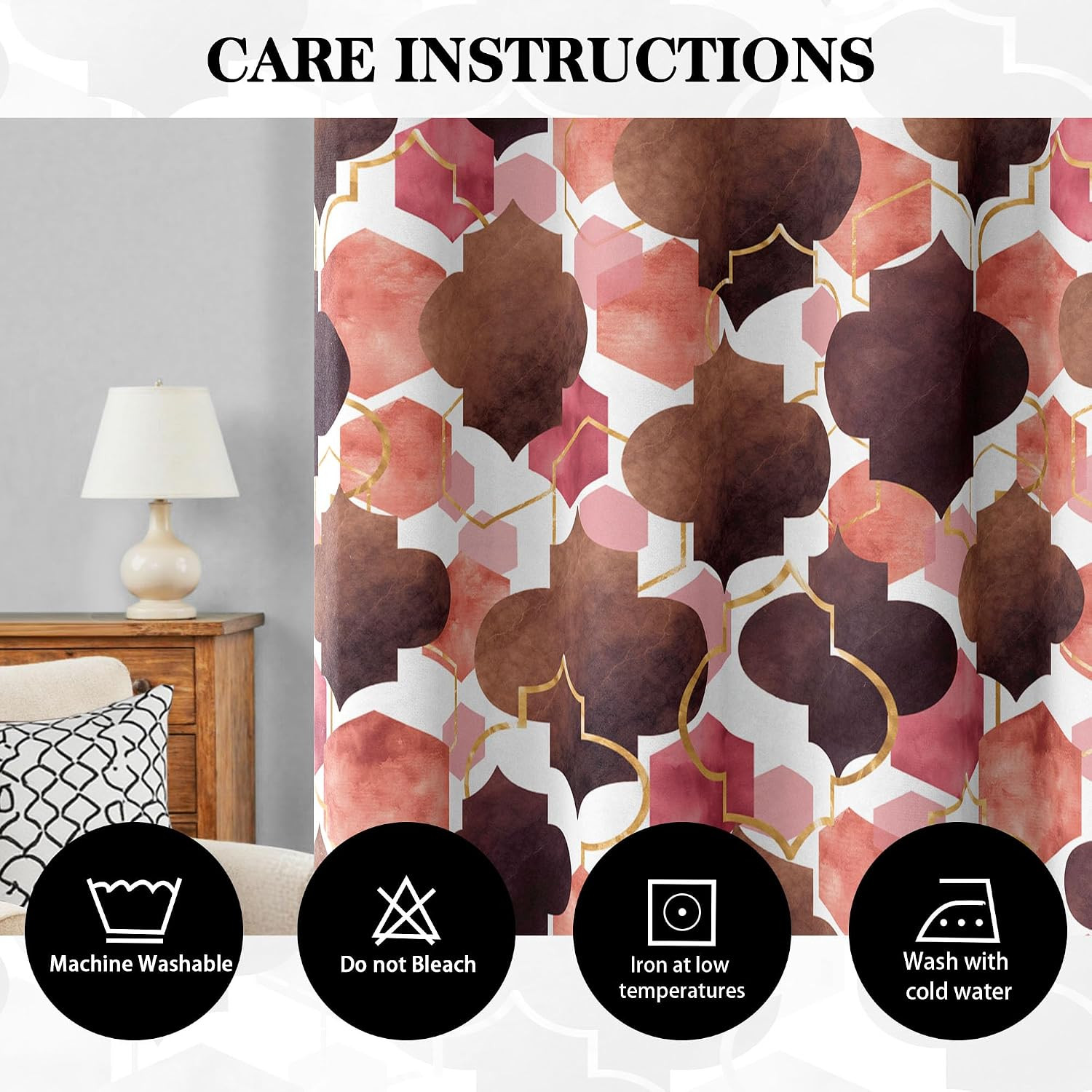 Moroccan 100% Blackout Curtains for Bedroom Brown Red Abstract Geometric Black O