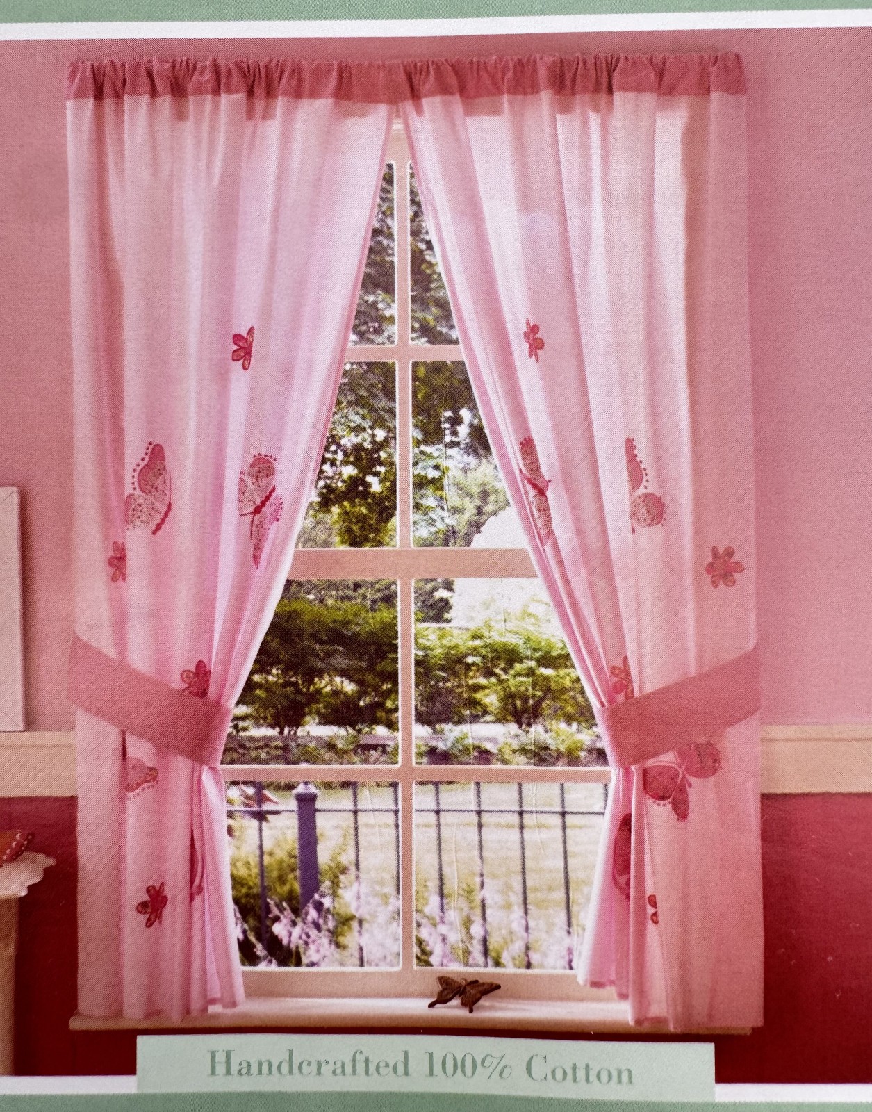 2 Curtain Panels & tiebacks ~ embroidered, appliqued BUTTERFLIES on pink NEW