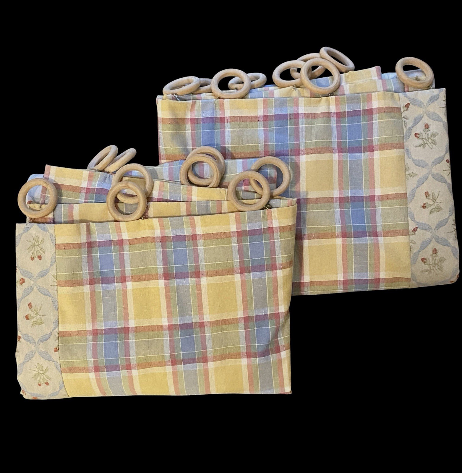 Custom Drapery Panels Yellow Red Blue Farmhouse Plaid Floral Pair + Wood Rings