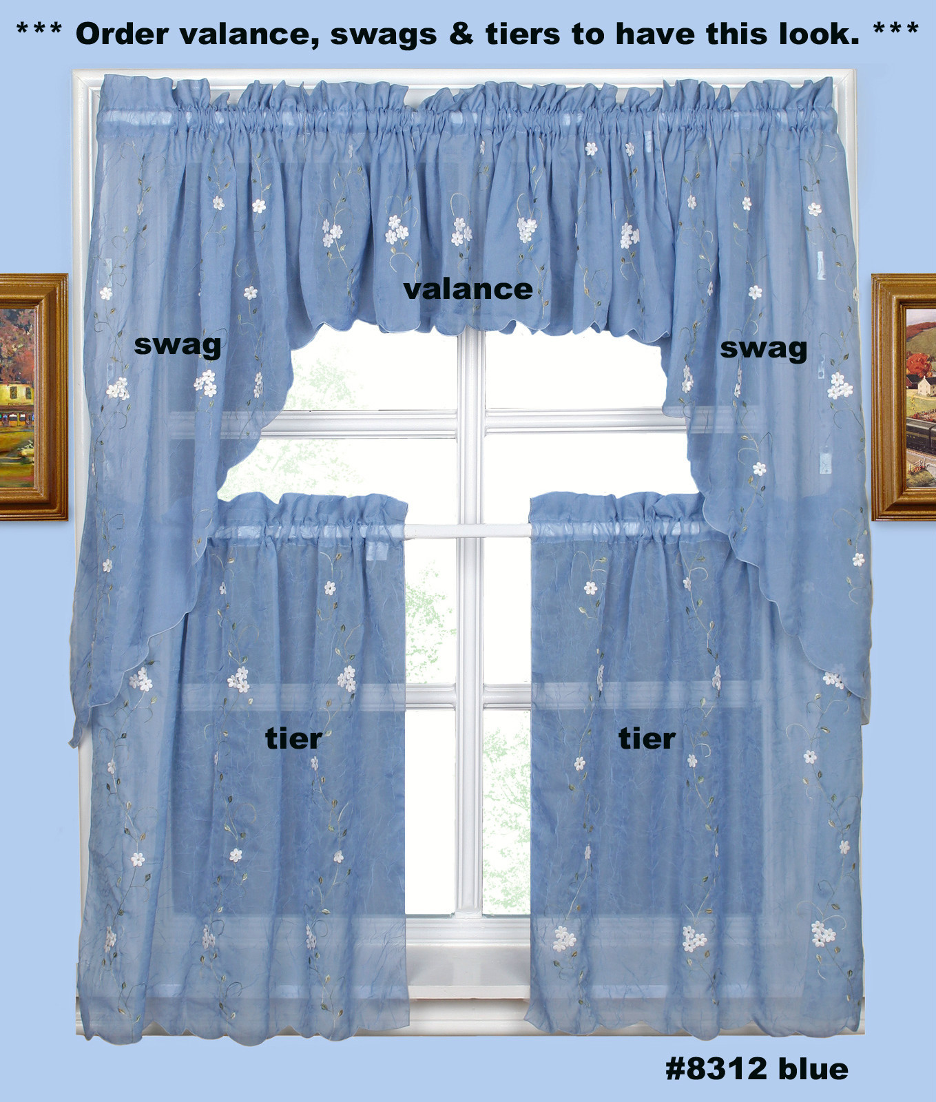 Daisy Embroidery Kitchen Curtain Valance Tiers or Swags BLUE Creative Linens