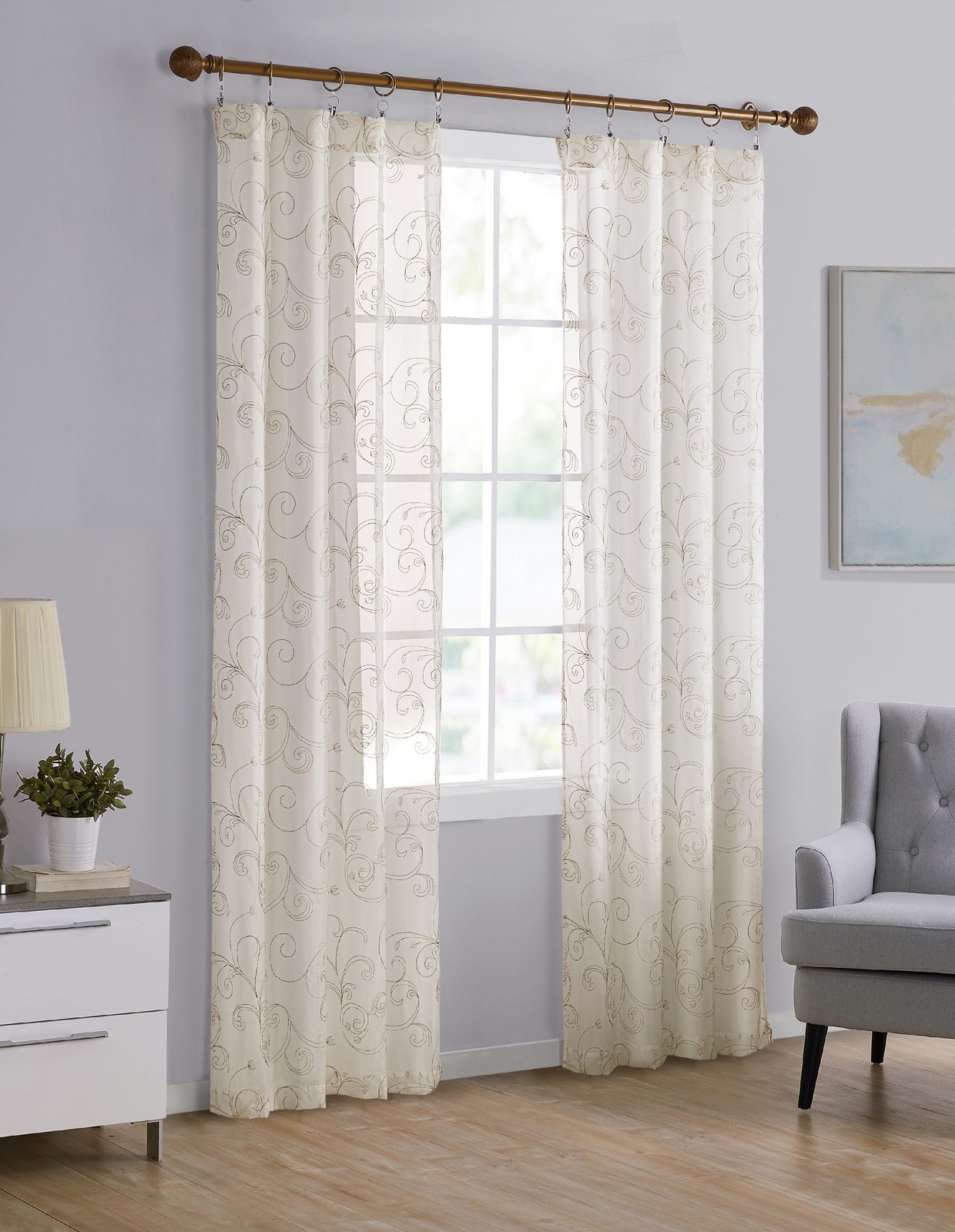 Scroll Rod Pocket Sheer Curtain Panel, 1-Piece, White/Grey, 38″ W x 63″ L