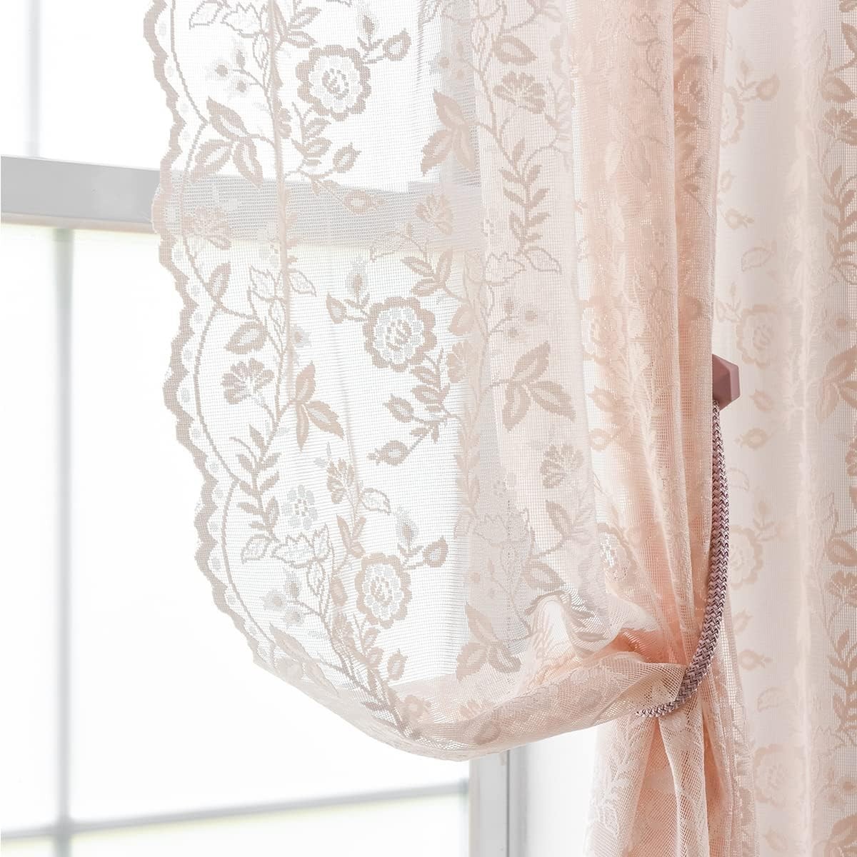 FINECITY Blush Lace Curtains 96 Inches Long – Country Rustic Branch Floral La…