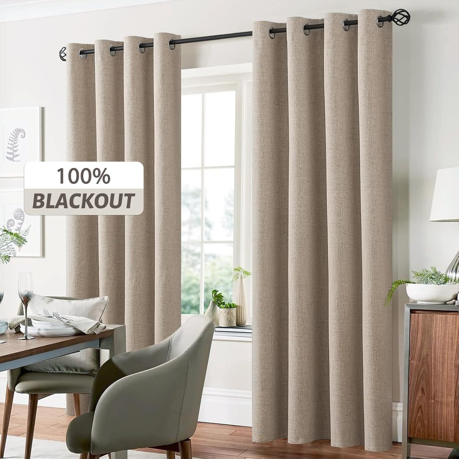 Natural Linen Thermal Blackout Curtains – 2 Panels, 84″ Long for Living Room