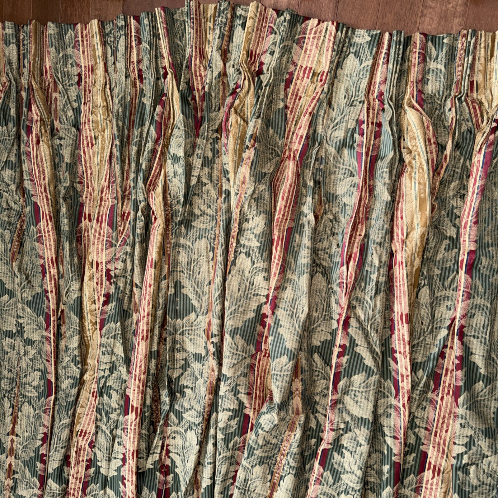 Pair Pinch Pleat Lined 2 Drapes 56Wx84L Brocade-Striped Red Green + 112” Valance