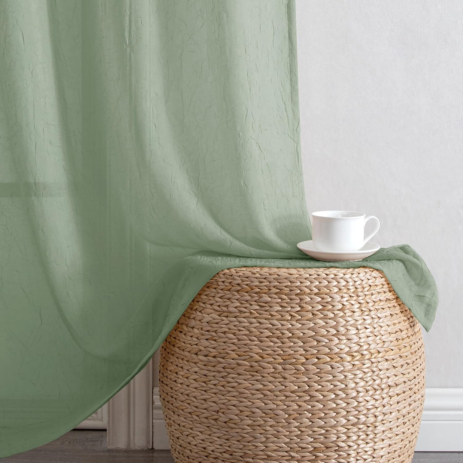 Crushed Sheer Sage Green Curtains 84 Inch Length 2 Panels, Light Filtering Solid