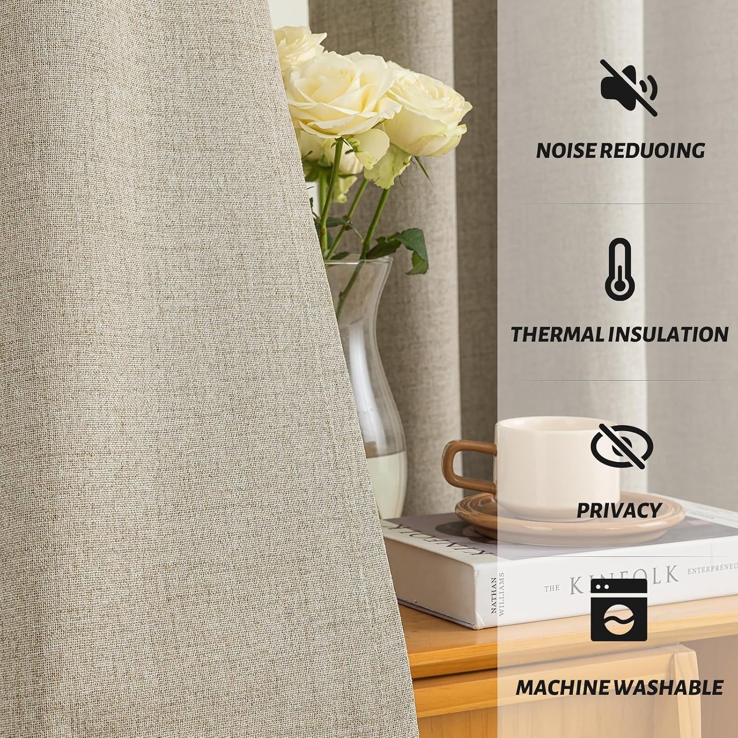 Natural Linen Thermal Blackout Curtains – 2 Panels, 84″ Long for Living Room