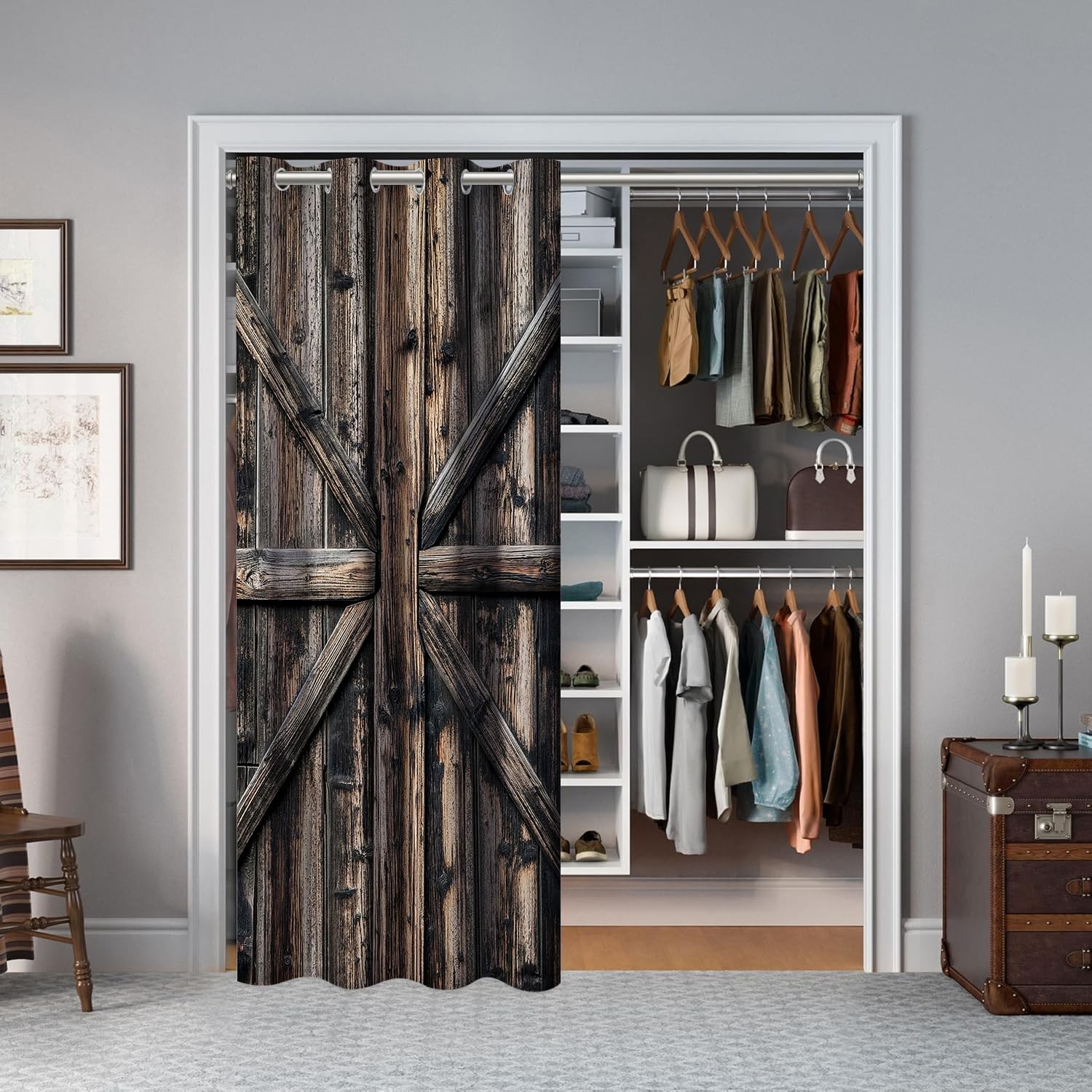 Wooden Barn Doors Door Curtains for Doorways, Rustic Farmhouse Art Wood Blackout