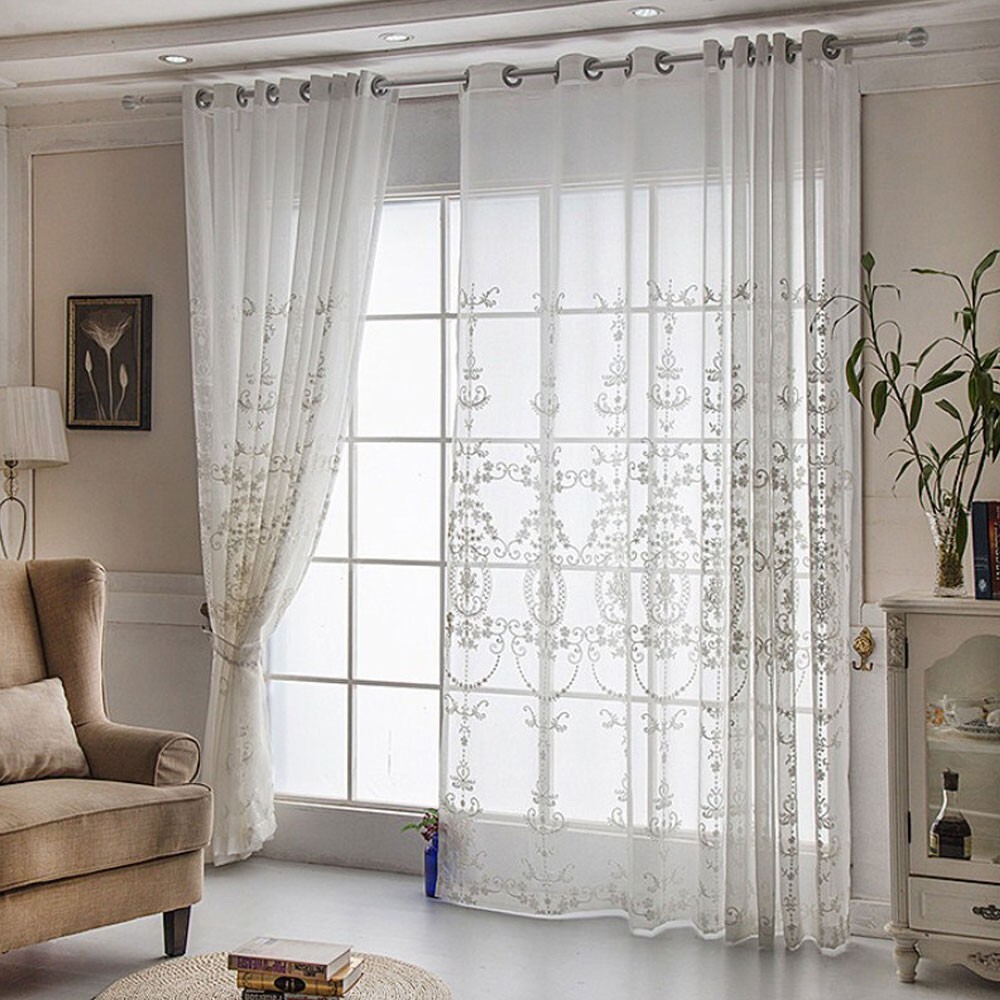 White Embroidery Floral Sheer Curtains Voile Drapes Panels Grommet Top Bedroom
