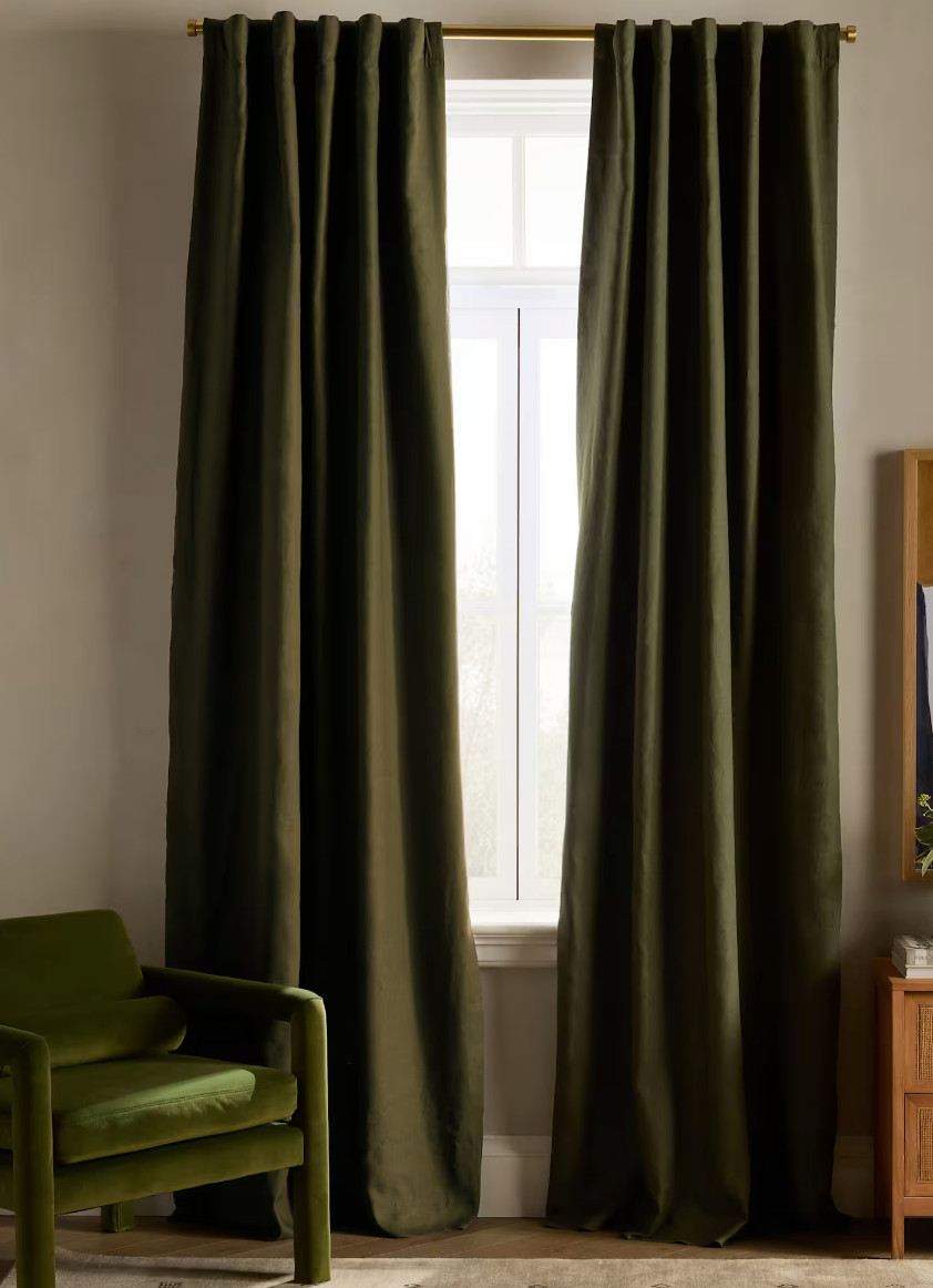 Set of 2 Quince Linen Room Darkening Curtains Hunter Green 48×96 Panels NWOT