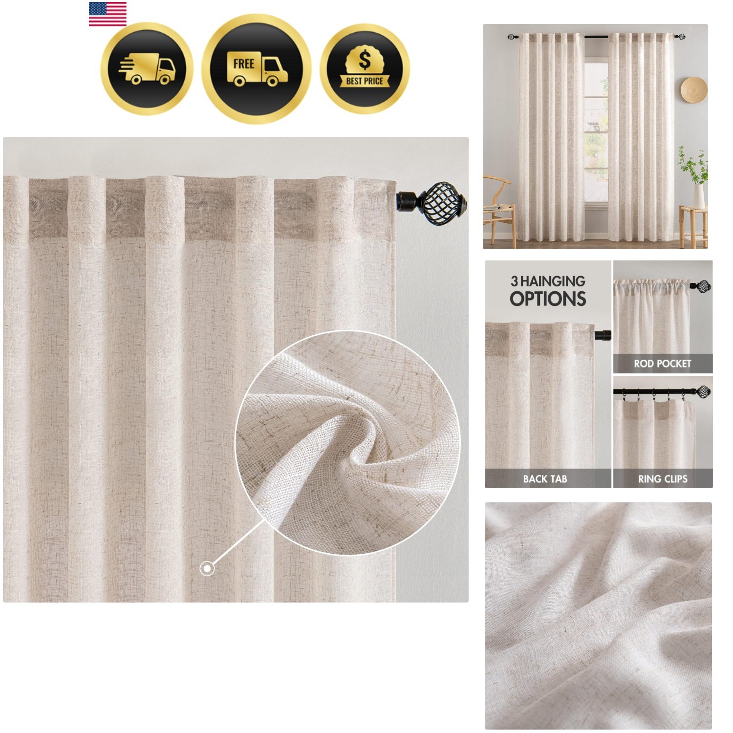 Natural White Linen Curtains 84 Inch Long for Bedroom Living Room, Soft Thick…