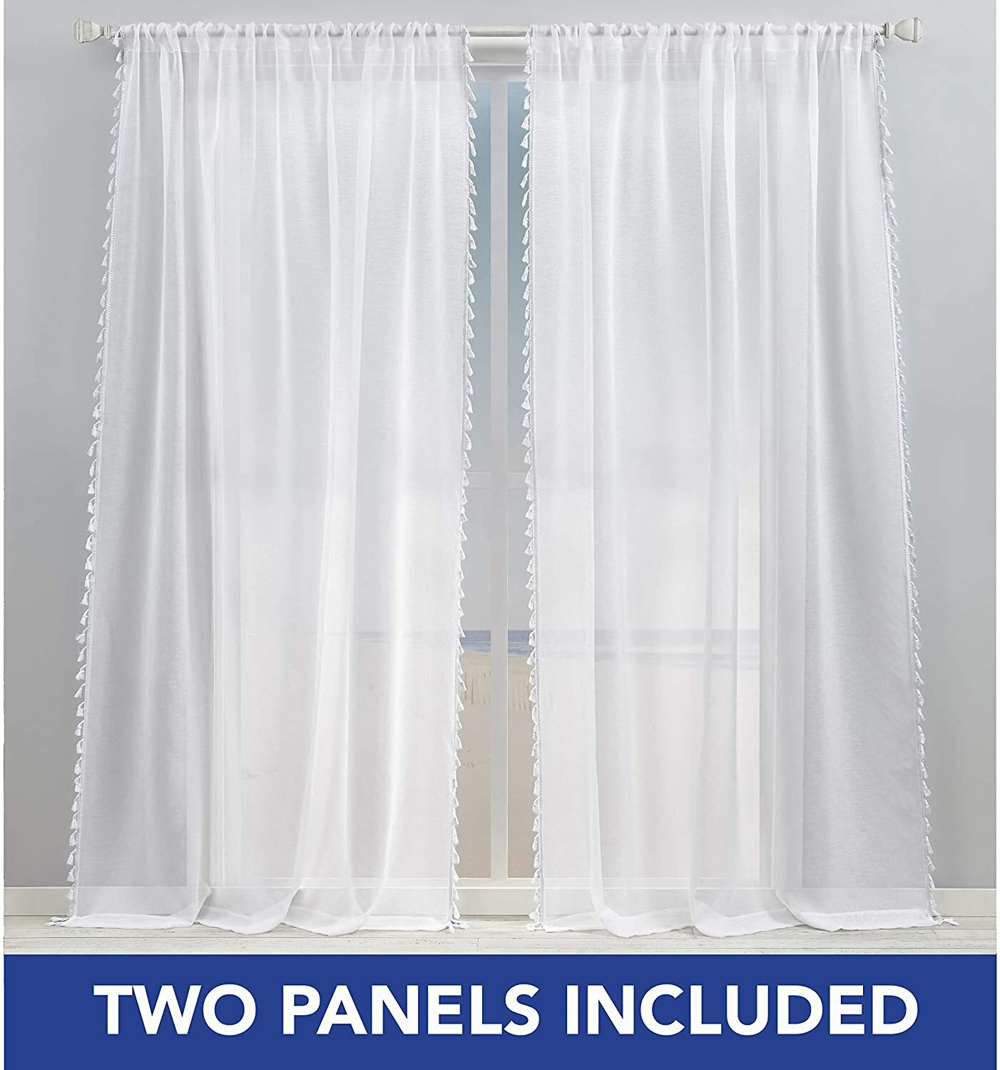2 Panels – SoHome Sheer Tassel Trimmed White Linen Curtain 54 in. W x 108 in. L