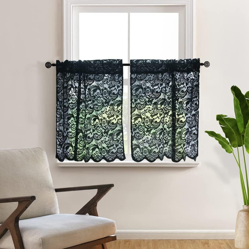 Black lace curtains, 24 inches long,2 pieces, dimensions:52 inches × 24 inches.