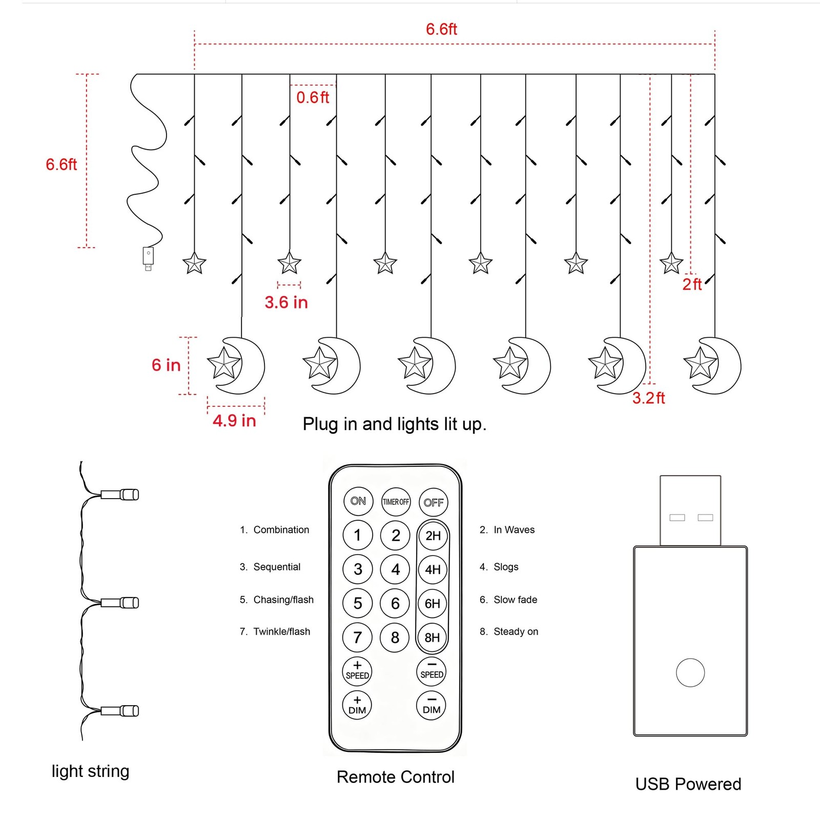 138 LED Star Moon Curtain String Light USB Remote 8 Mode Warm White Decor