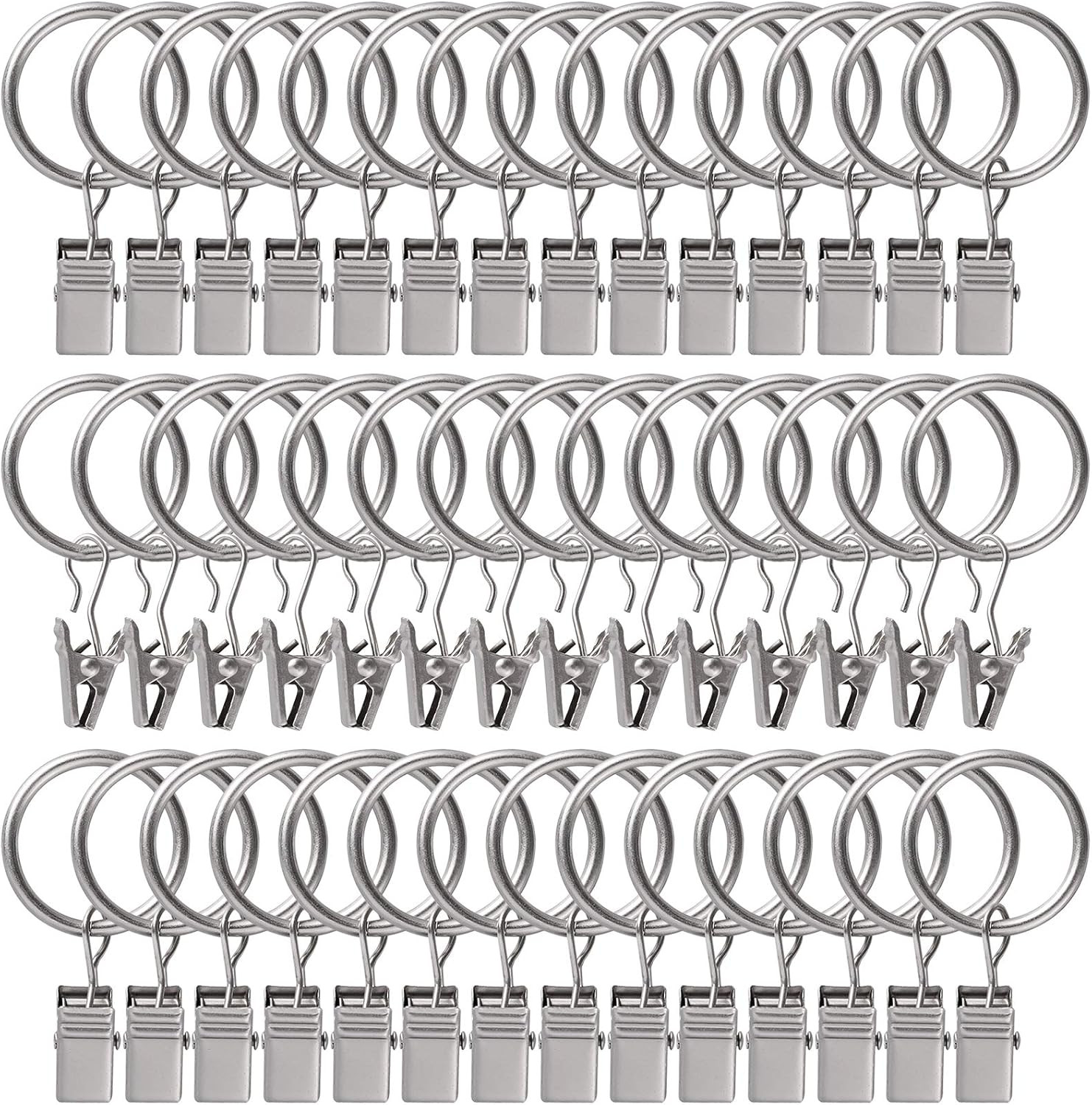 44 Pack Curtain Rings with Clips Hooks 1 Inch Matte Silver Metal Stainless