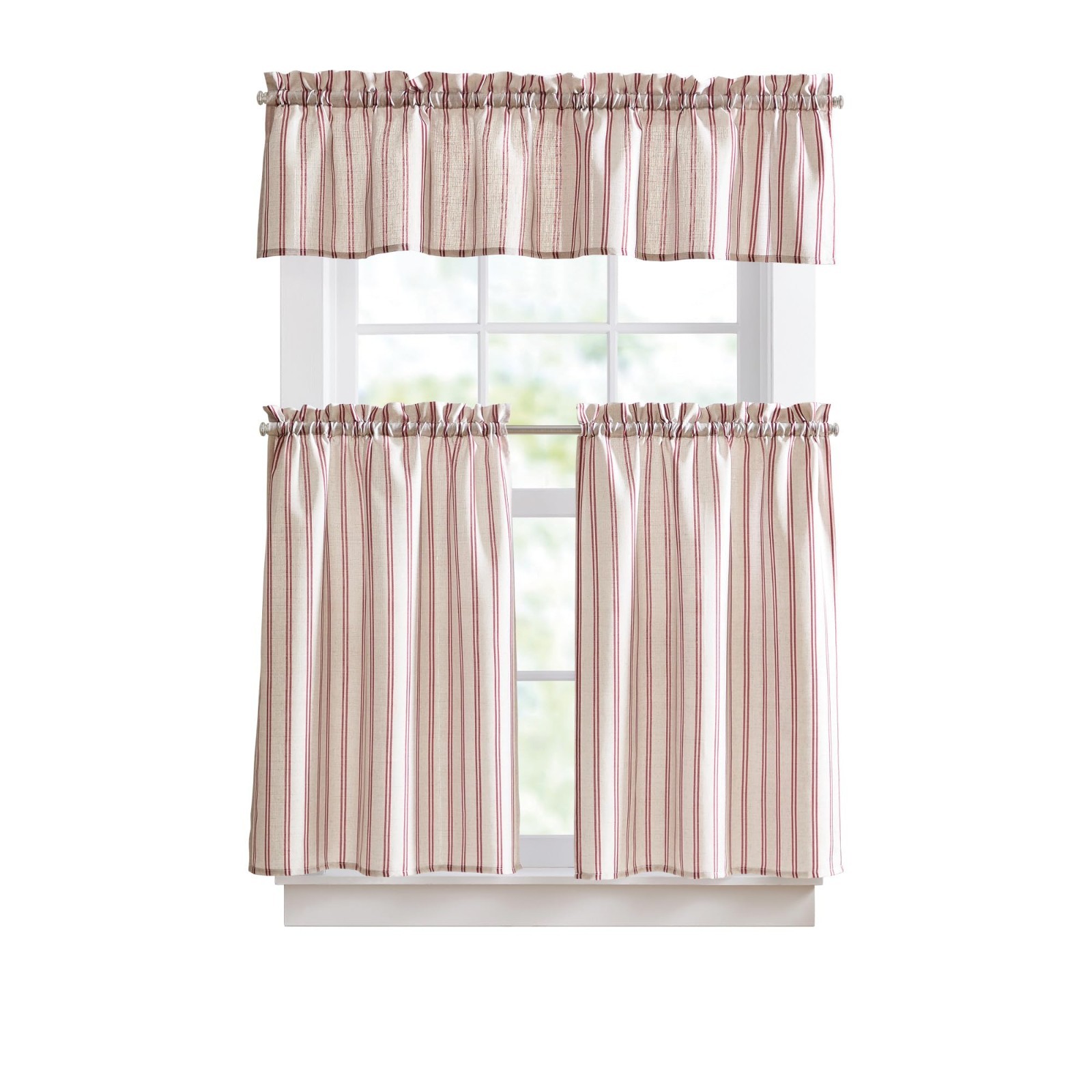 Red Striped Beige Kitchen Curtain Set – 3 Piece Tier & Valance – 36 Inch – Light