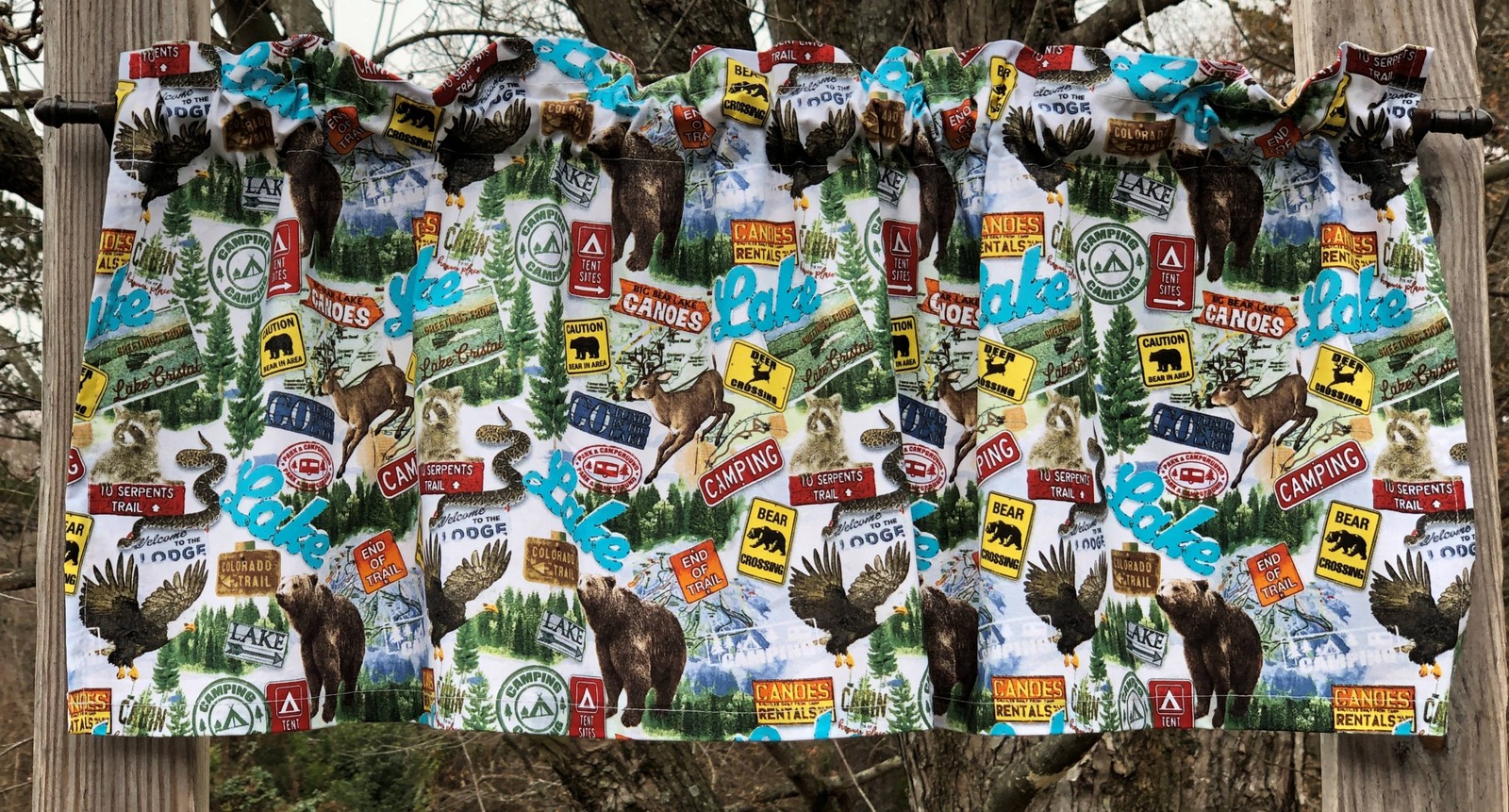 Camping Wilderness Valance – Bear Moose Eagle Lake Sign Print – Outdoor