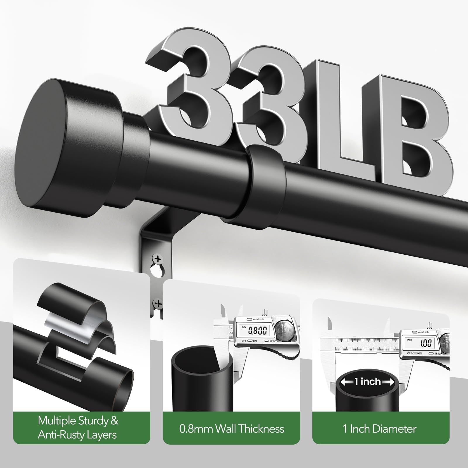 Black Curtain Rods for Windows 32 to 120 Inch (2.6-10 Feet), 1 Inch Diameter …