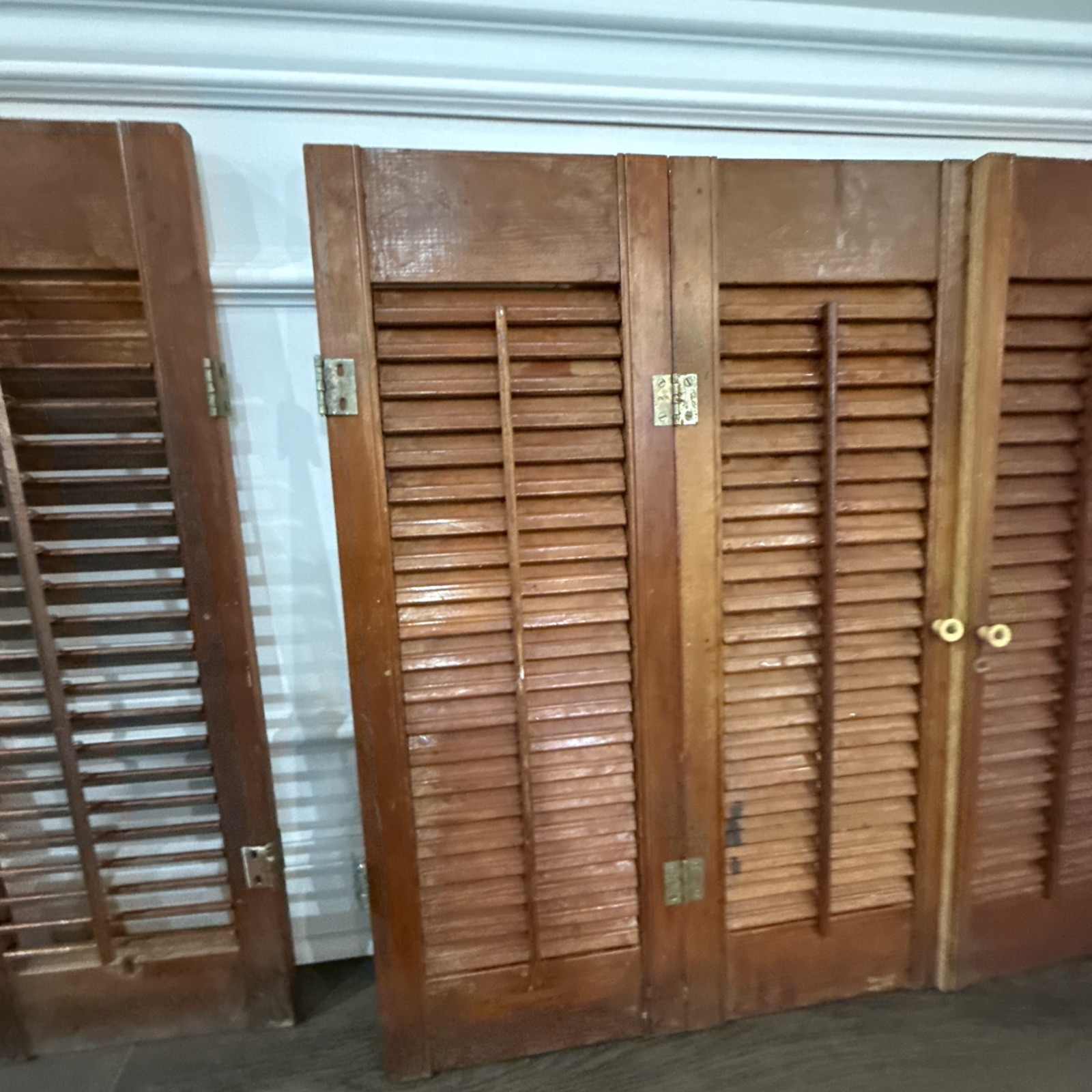 Vintage Plantation Window Shutters 2 Sets 28”Hx39”W Wood Interior Louver Brown.