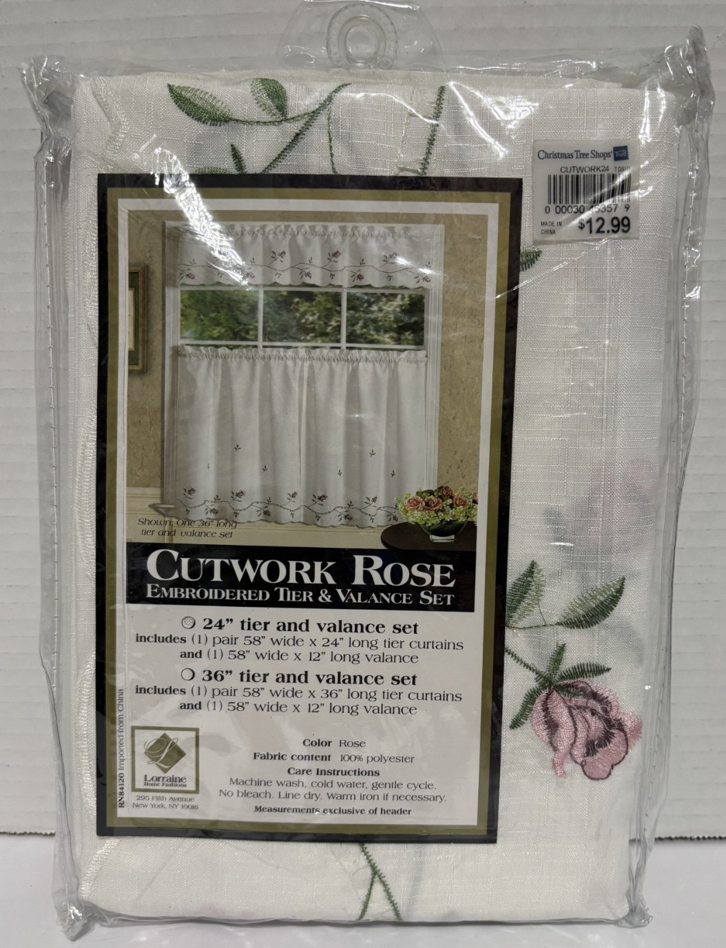 Cutwork Rose Embroidered Tier & Valance Set 24″ Roses Leaves *NEW in Package*