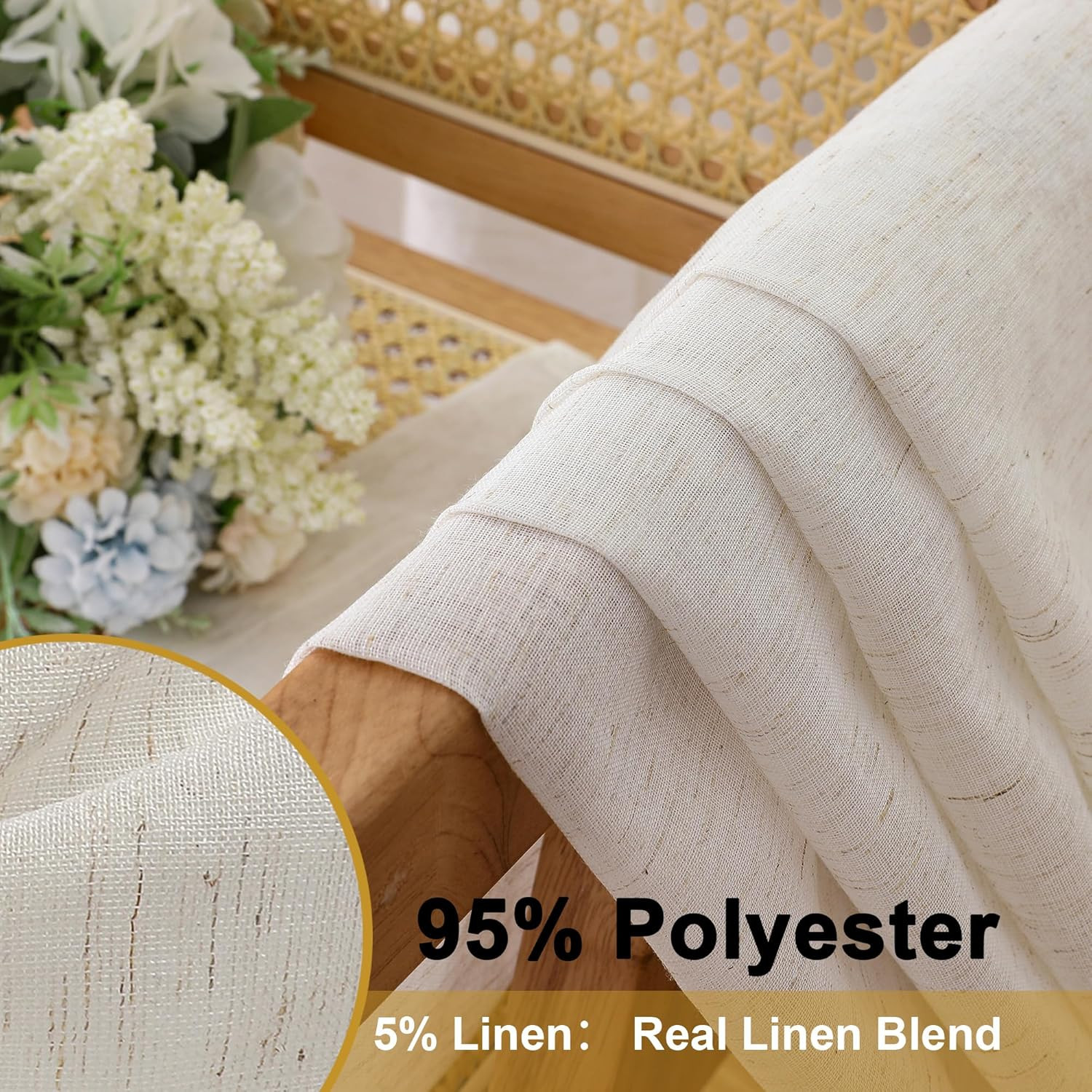 Linen Sheer Curtains 84 Inches Long 2 Panels Set for Bedroom, Natural Linen