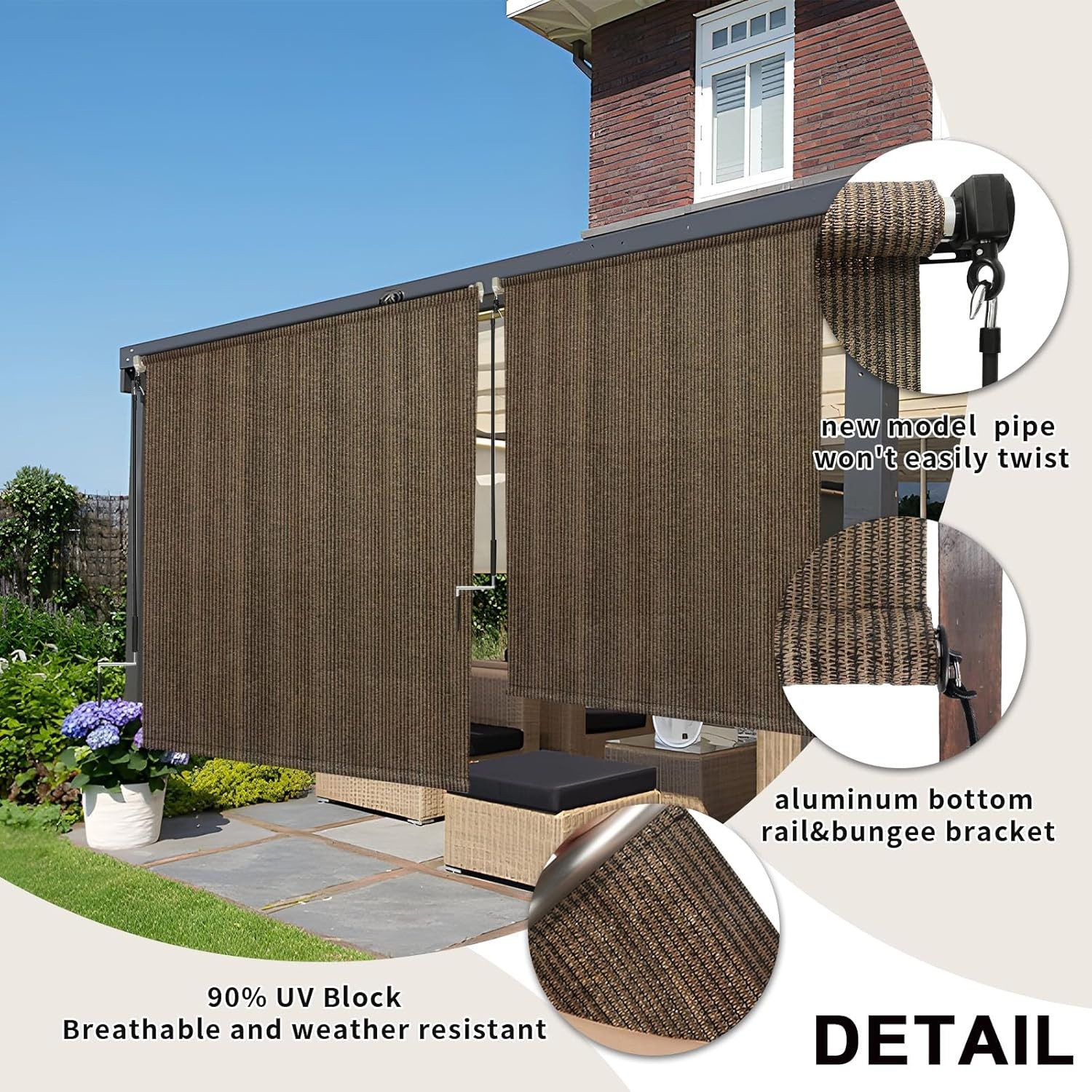 Outdoor Roller Shade 8×8 Mocha Patio Blinds Exterior Cordless UV Protection
