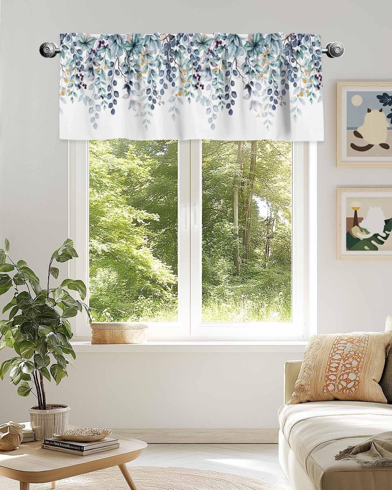 Blue Eucalyptus Leaves Window Valance Blue Plant Leaf Window Treatment Blue G…