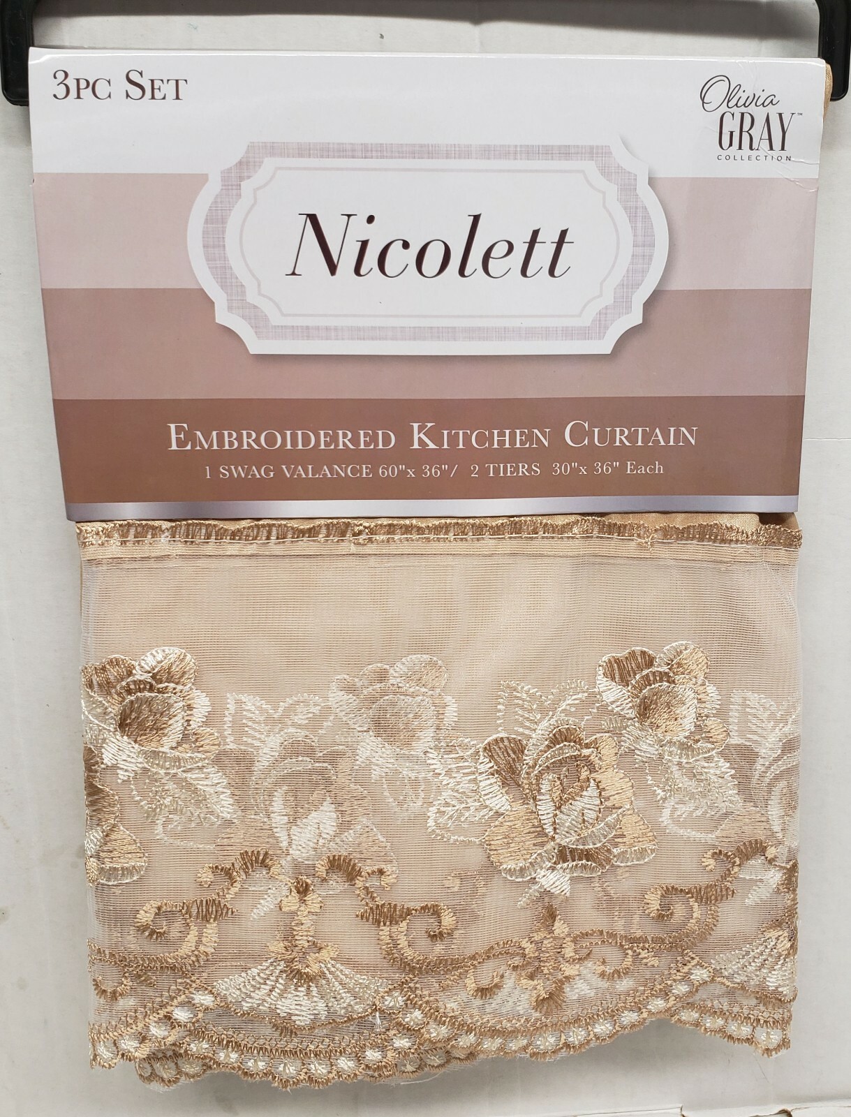 3pc. Embroidered Curtains Set: 2 Tiers & Swag (60″x36″)BEIGE NICOLETT FLOWERS,RT
