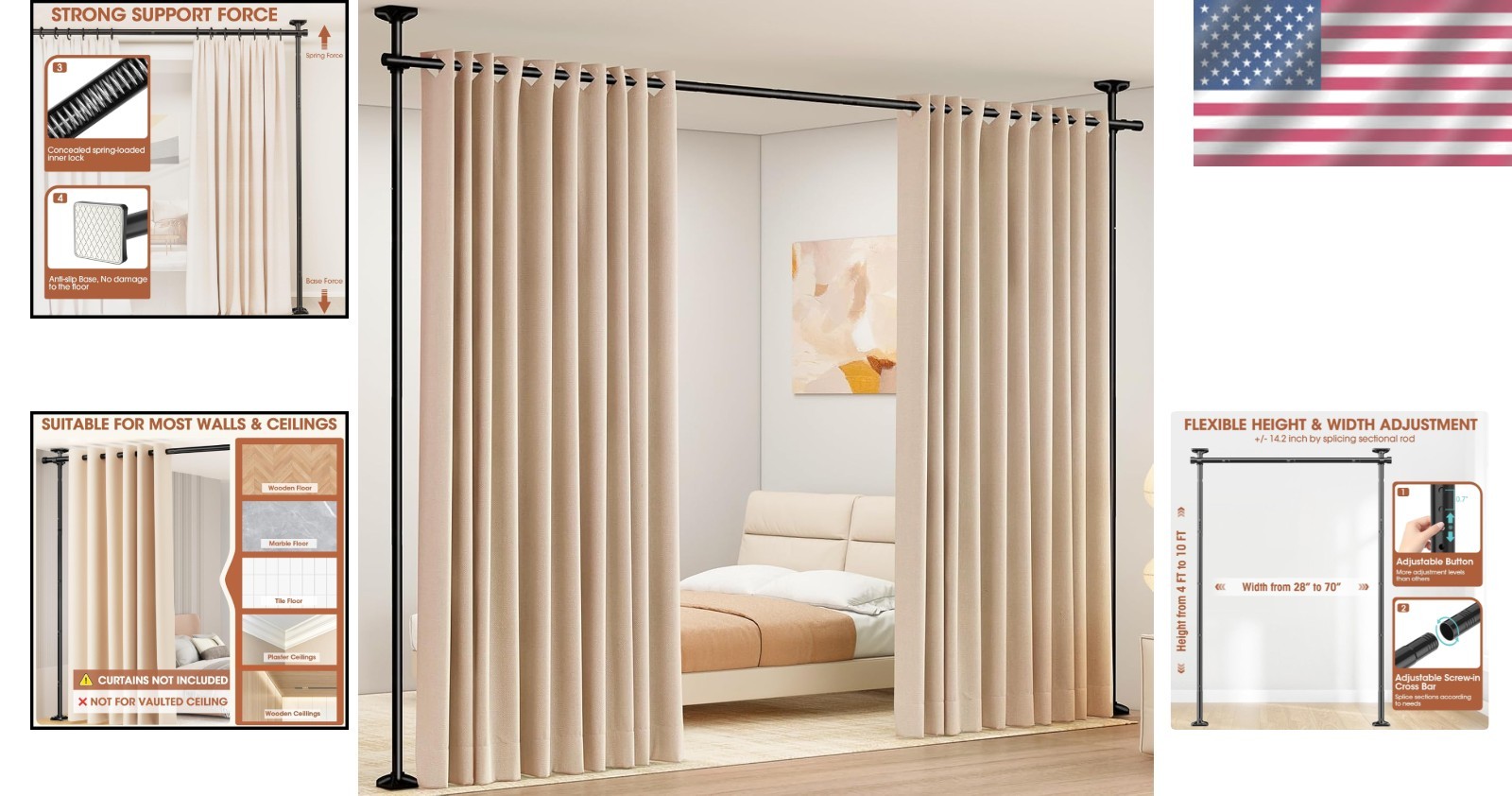 Room Divider Curtain Rod No Drill Adjustable Heavy Duty Tension Wall Separator