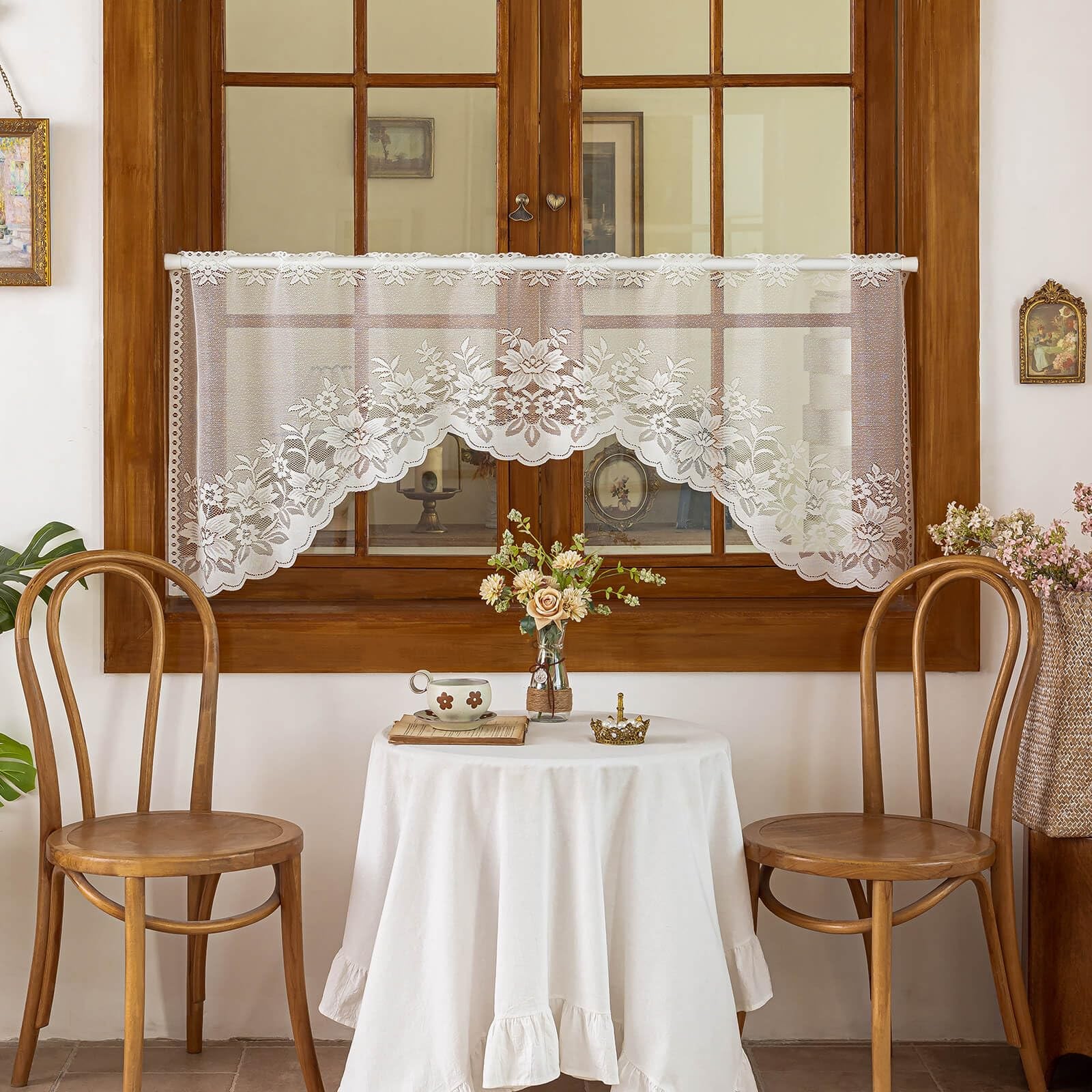 Vintage Sheer Voile Valance Curtains Floral Embroidery Lace Kitchen Swag Wind…