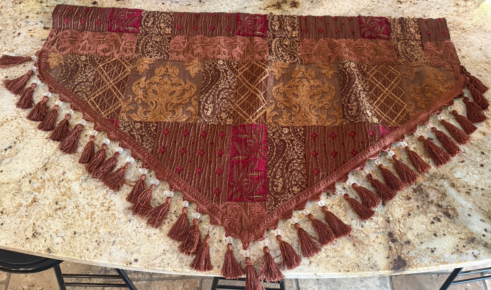 Croscill GALLERIA RED Brown Gold Patchwork Ascot Valance Fringe Tassels Used