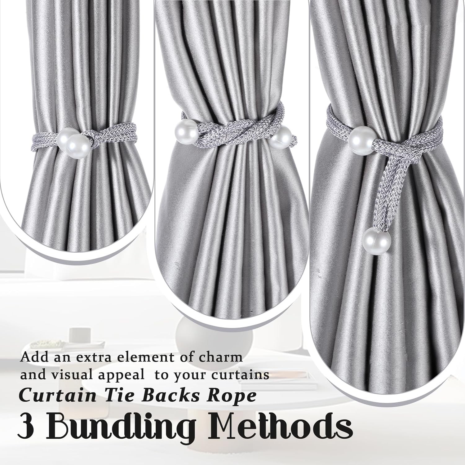 8pcs Curtain Tiebacks Adjustable Rope Tie Backs with Pearl Buckle for Drapes